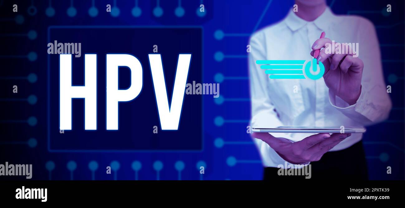 Segno che mostra HPV, Word scritto su Gruppo di virus che influenzano la pelle e le membrane umide Foto Stock