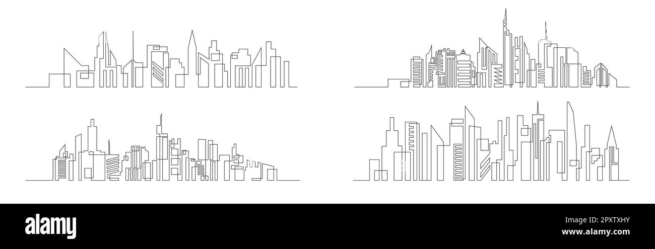 Disegno a linea continua di un insieme di concept di edifici residenziali e residenziali. Paesaggio panoramico dell'architettura di metropoli, grattacieli. Illustrazione Vettoriale