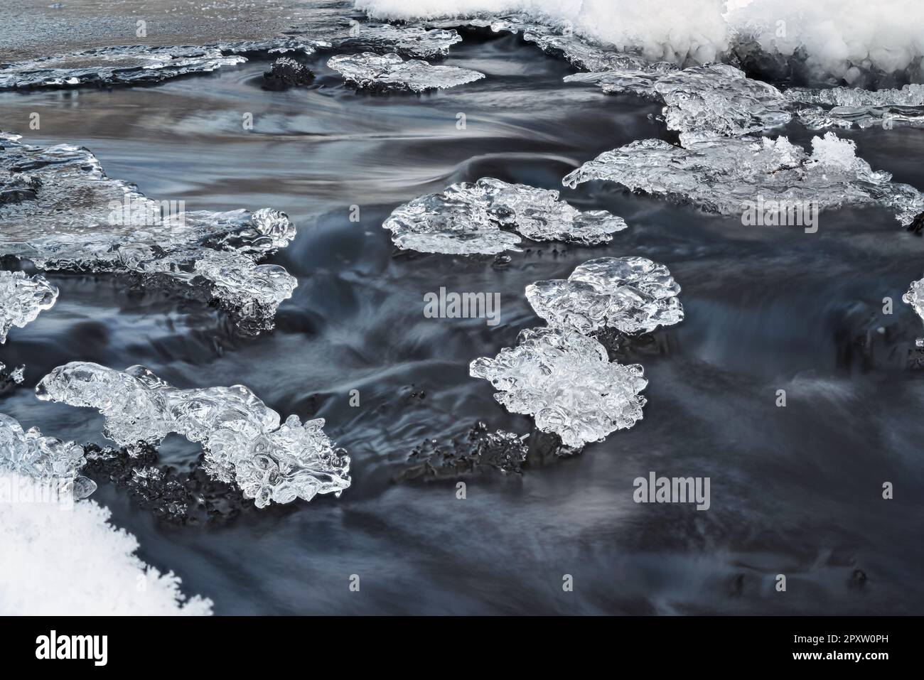 Ghiaccio sul fiume congelato, dettaglio macro primo piano, flussi d'acqua sotto, foto a lunga esposizione. Foto Stock