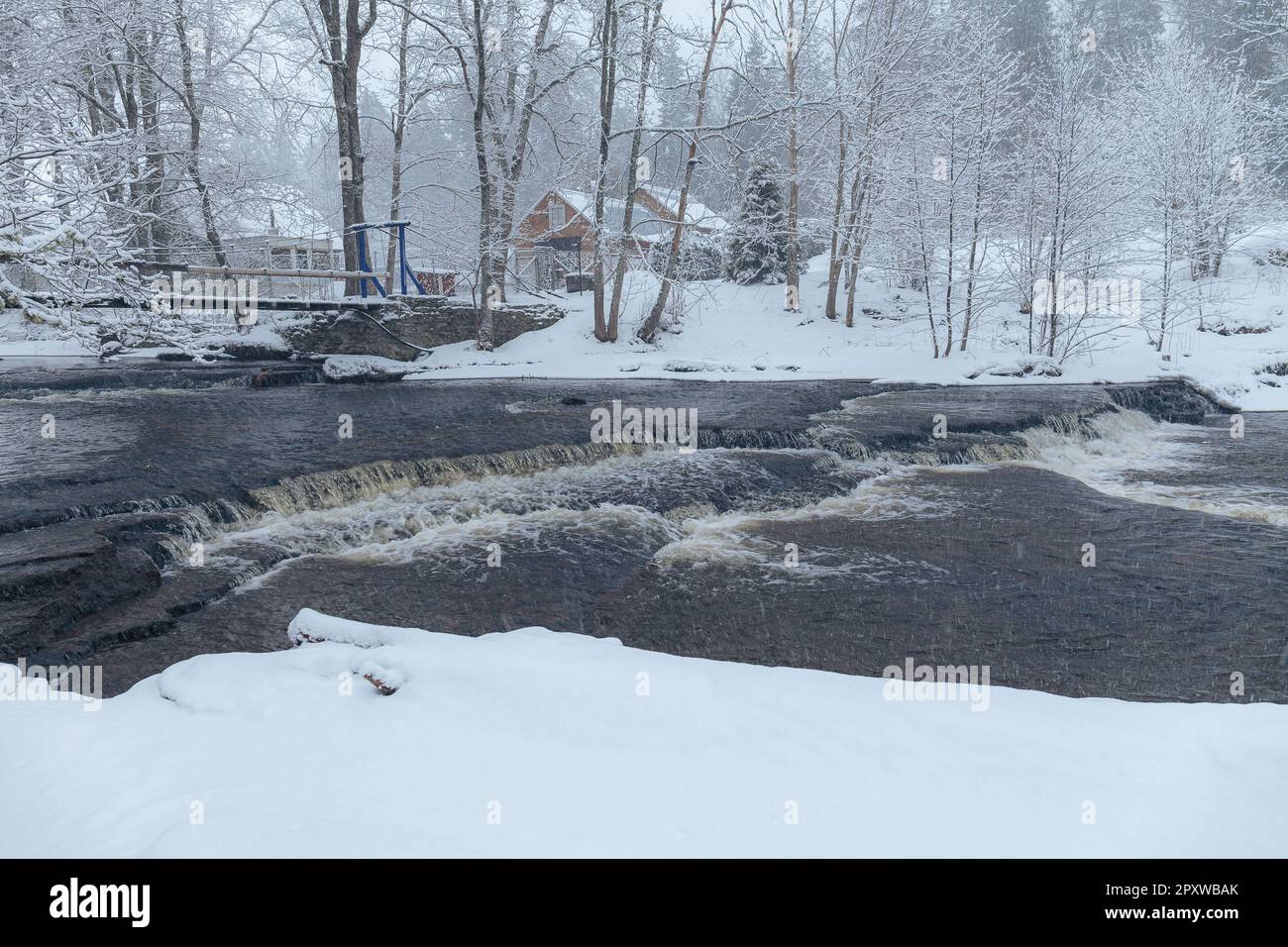 Cascata di fiume in inverno. Tempo nevoso. Joaveski, Estonia Foto Stock