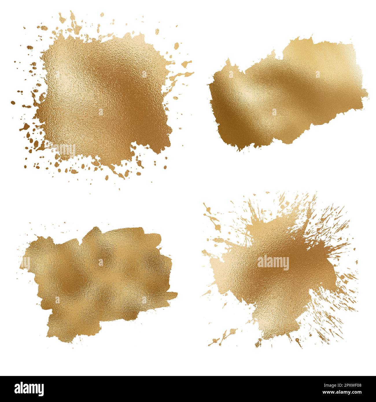 Set Golden Splash su sfondo bianco, spazzola in lamina d'oro di lusso isolata Foto Stock