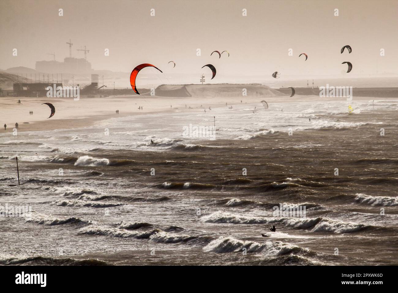 Kitesurf, una spiaggia in Europa, Olanda Foto Stock