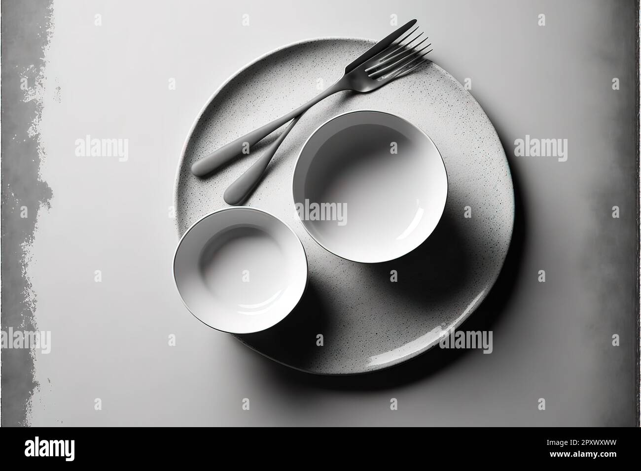 Stoviglie eleganti su un tavolo grigio chiaro, piatto. Spazio per il testo . Foto Stock