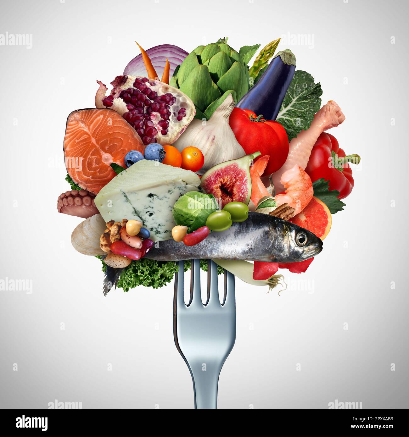 Dieta mediterranea come un modo tradizionale di mangiare basato sulla cucina della Grecia Italia Spagna e Turchia nel suo complesso cibi sani non lavorati con frutta Foto Stock