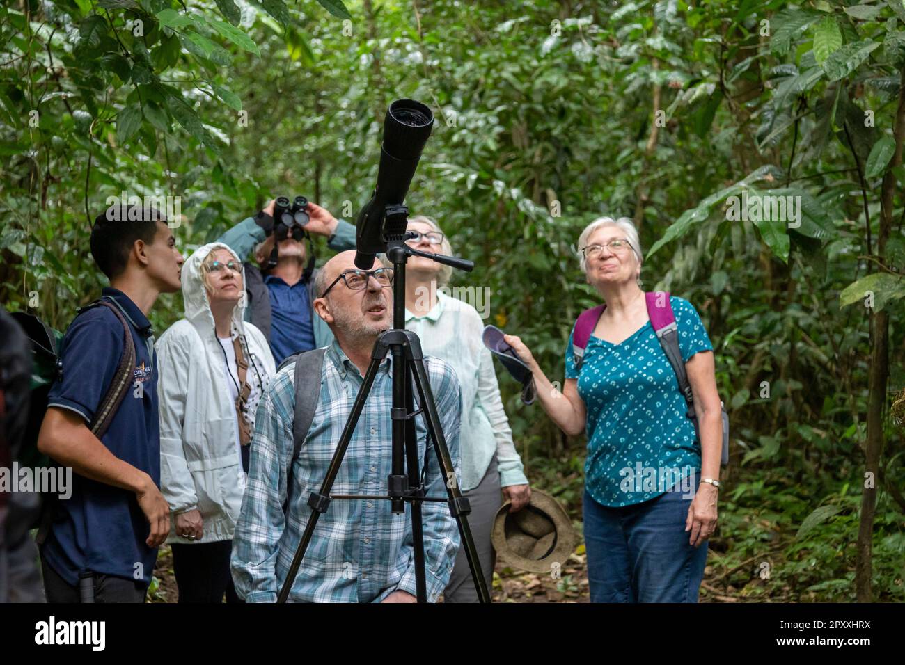 Muelle San Carlos, Costa Rica - i turisti utilizzano un campo di avvistamento e binocoli per vedere la fauna selvatica nella foresta pluviale del Costa Rica. Foto Stock