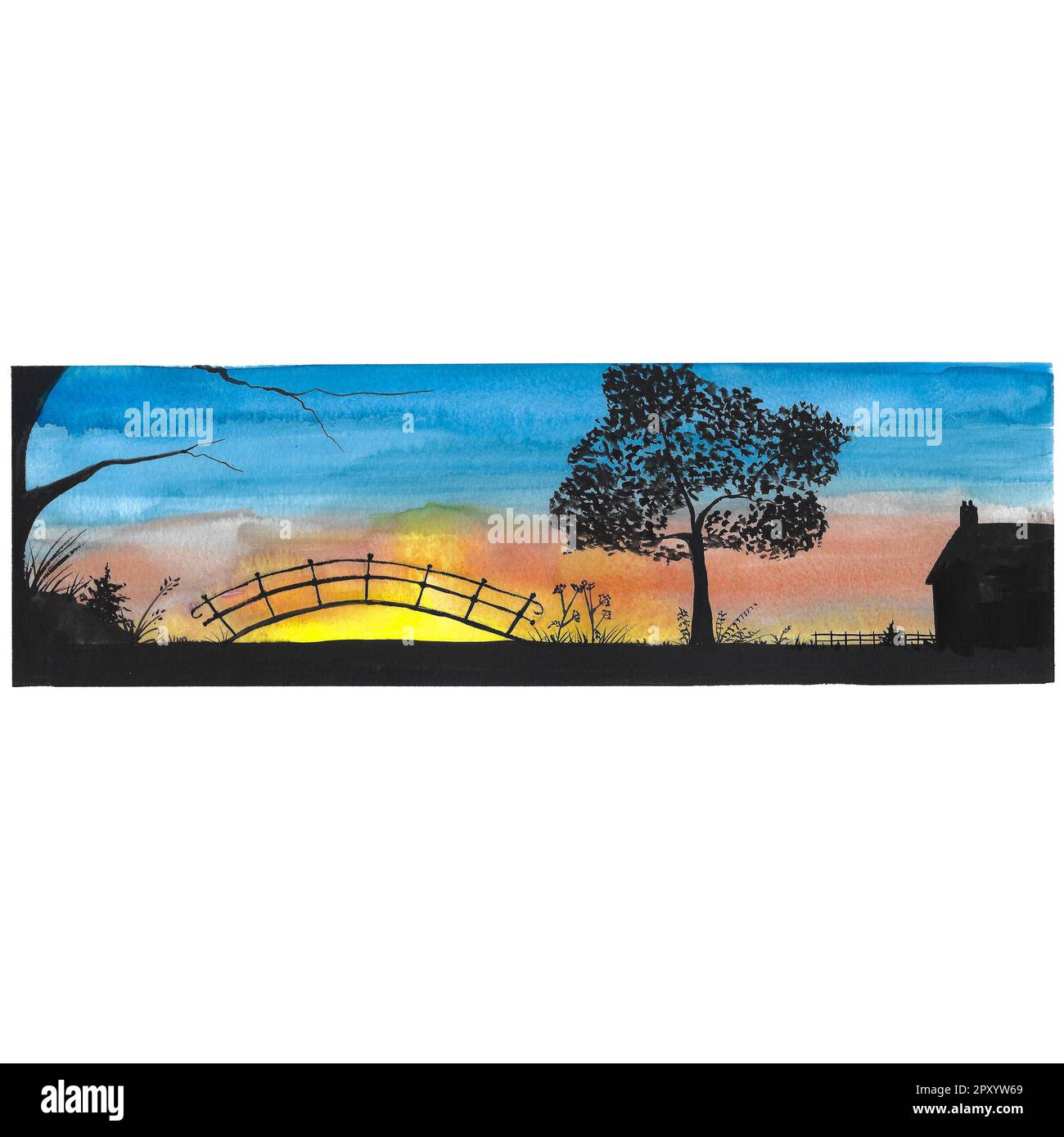 silhouette casa ponte albero e tramonto dipinto con gouache Foto Stock