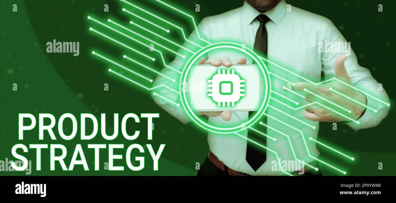 Ispirazione mostrando segno strategia di prodotto, Word per lo sviluppo di piani a lungo termine di produzione di successo del prodotto Foto Stock