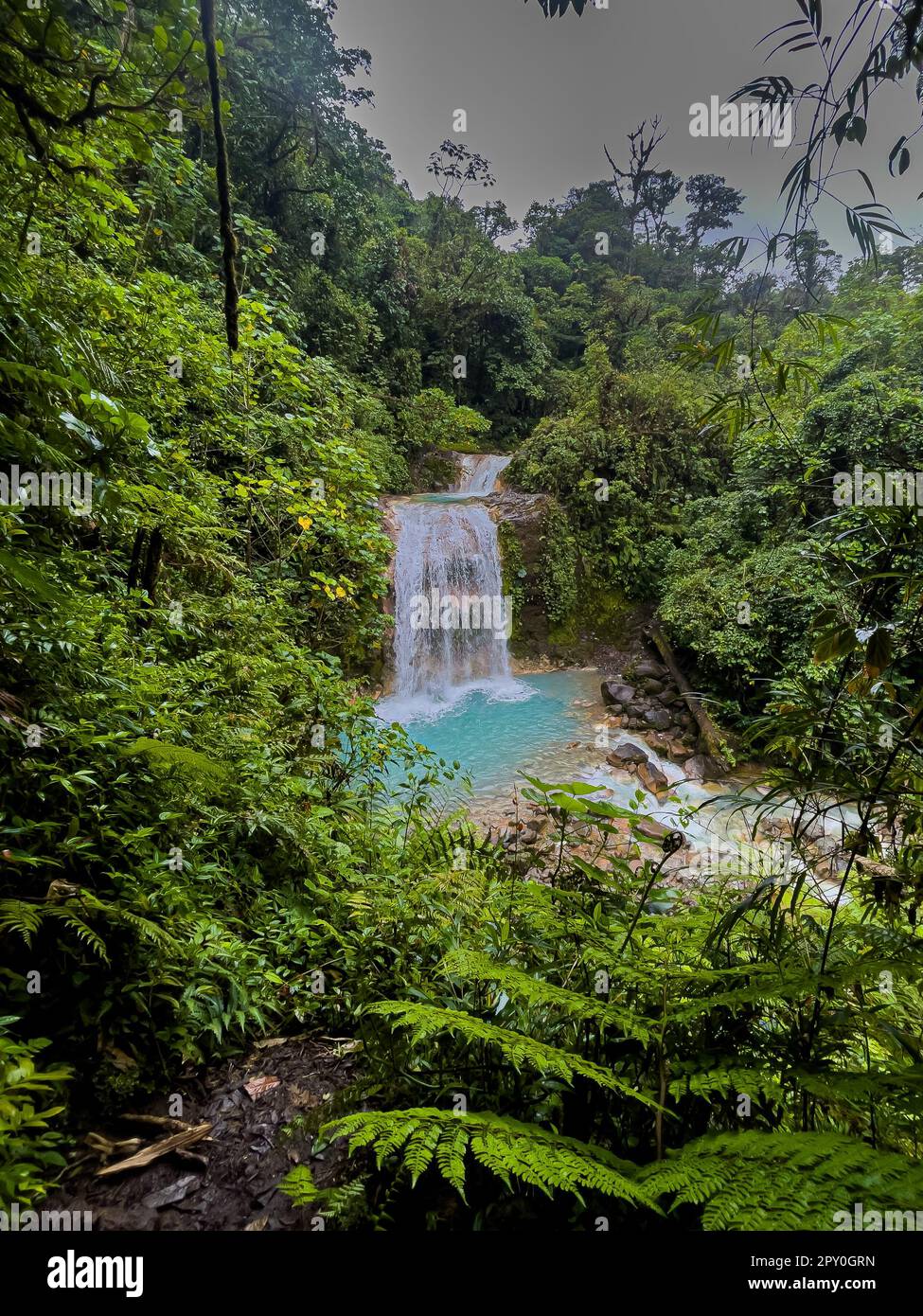 Bella vista aerea della cascata Costa Rica in bajos de Toro, con acqua turchese nel mezzo della foresta pluviale Foto Stock