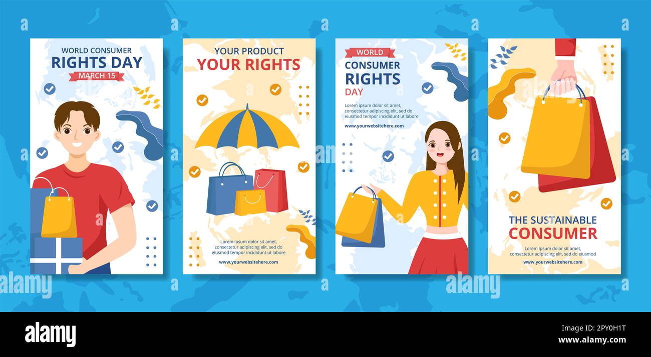 World Consumer Rights Day Social Media Stories Flat Cartoon modelli disegnati a mano Illustrazione Foto Stock