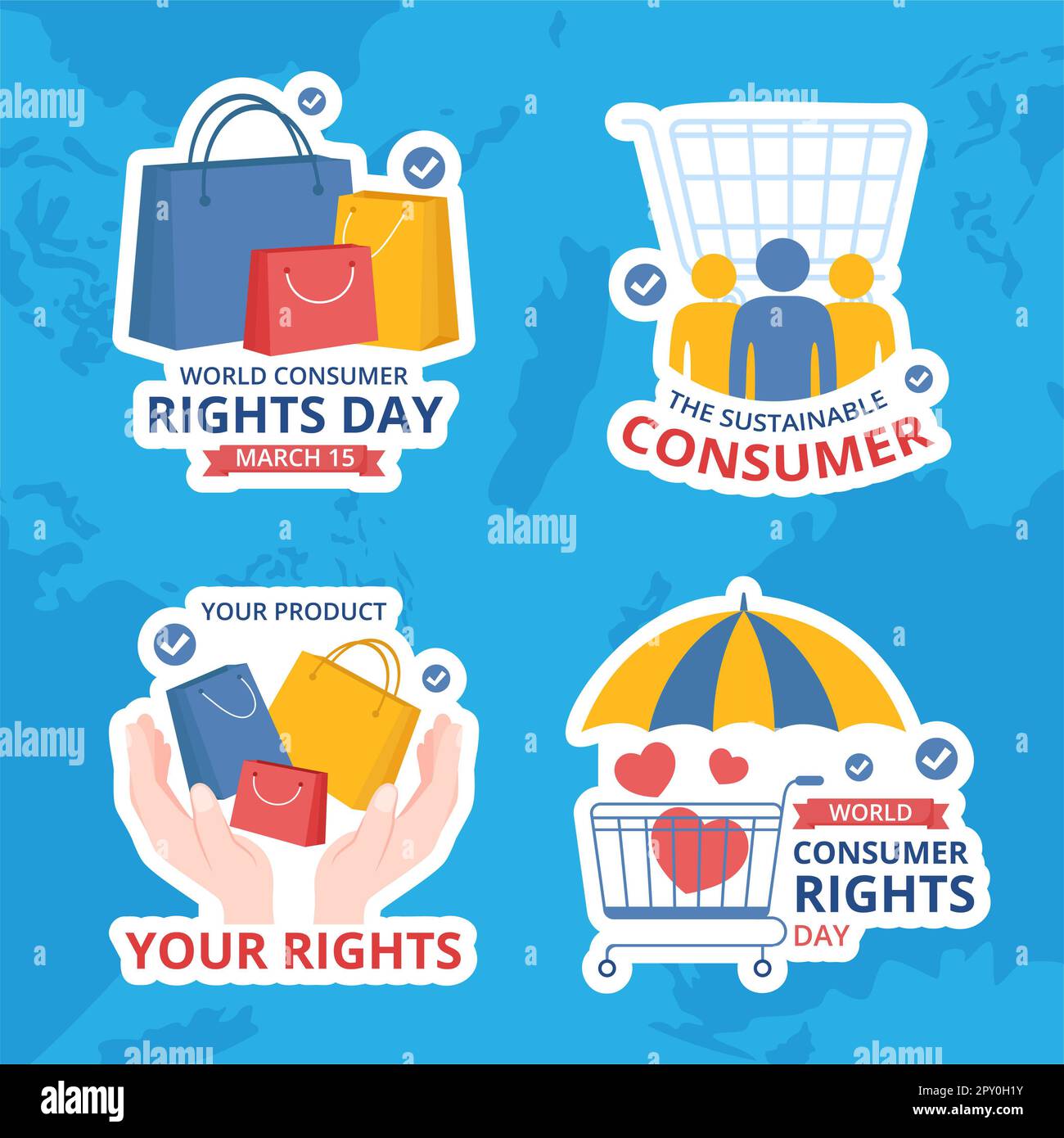 Etichetta piatta Cartoon modelli disegnati a mano per la Giornata mondiale dei diritti dei consumatori Illustrazione Foto Stock
