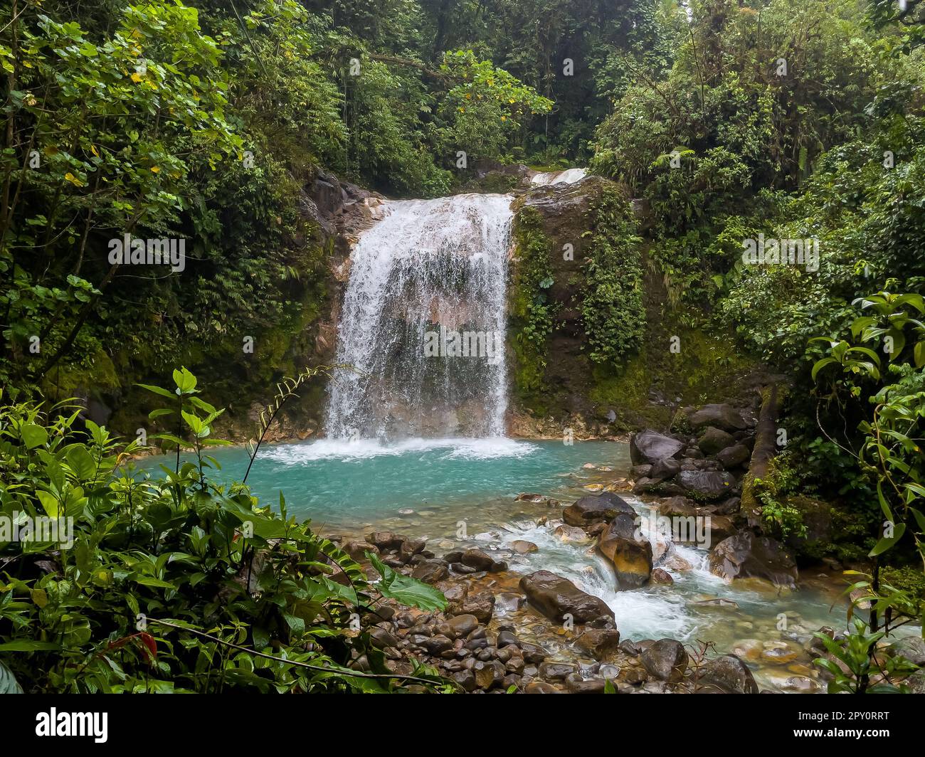 Bella vista aerea della cascata Costa Rica in bajos de Toro, con acqua turchese nel mezzo della foresta pluviale Foto Stock