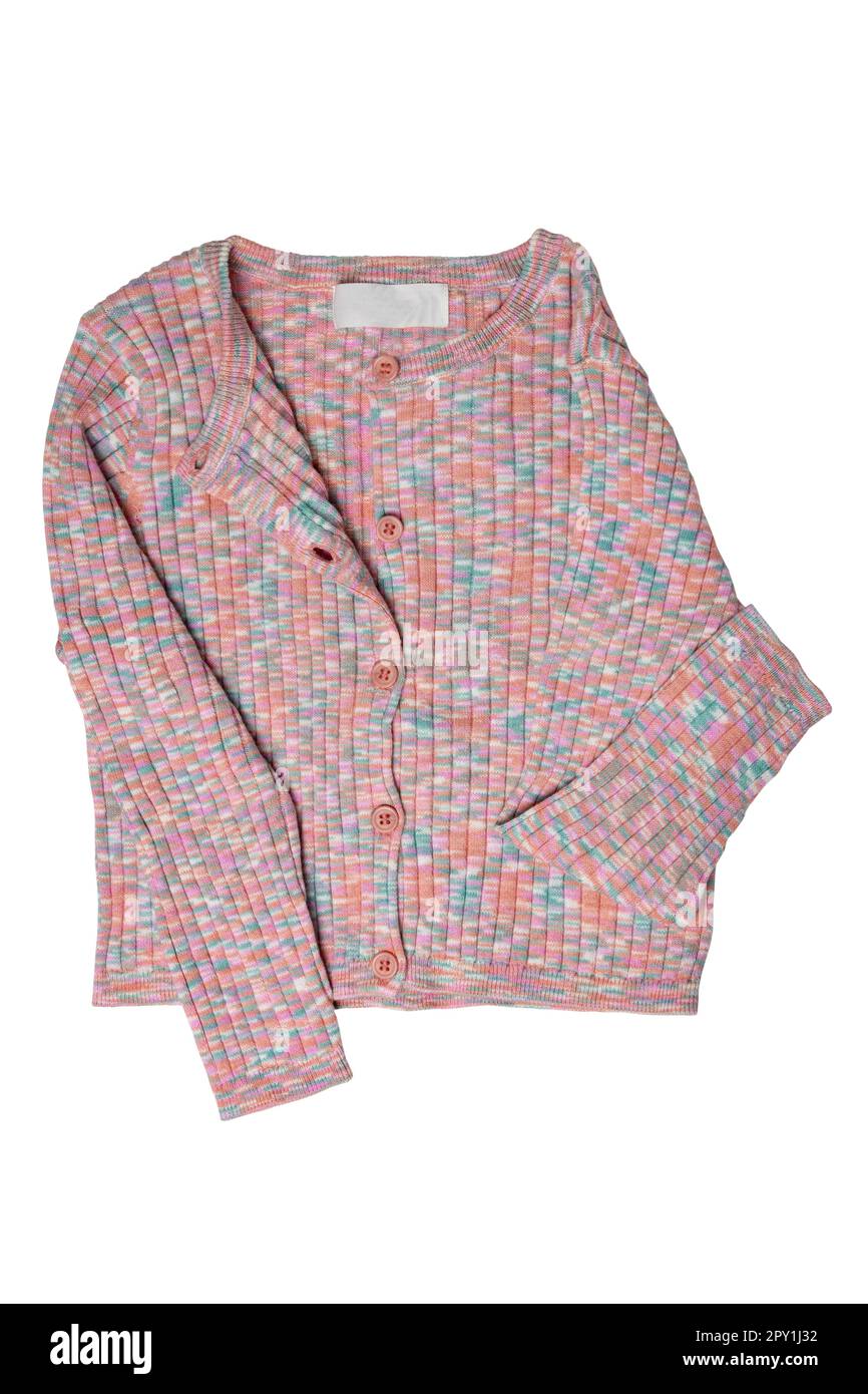 Vestiti per ragazze. Elegante cardigan o jumper multicolore lavorato a maglia con collo a V e chiusura a bottoni isolata su sfondo bianco. Tracciato di ritaglio. K Foto Stock