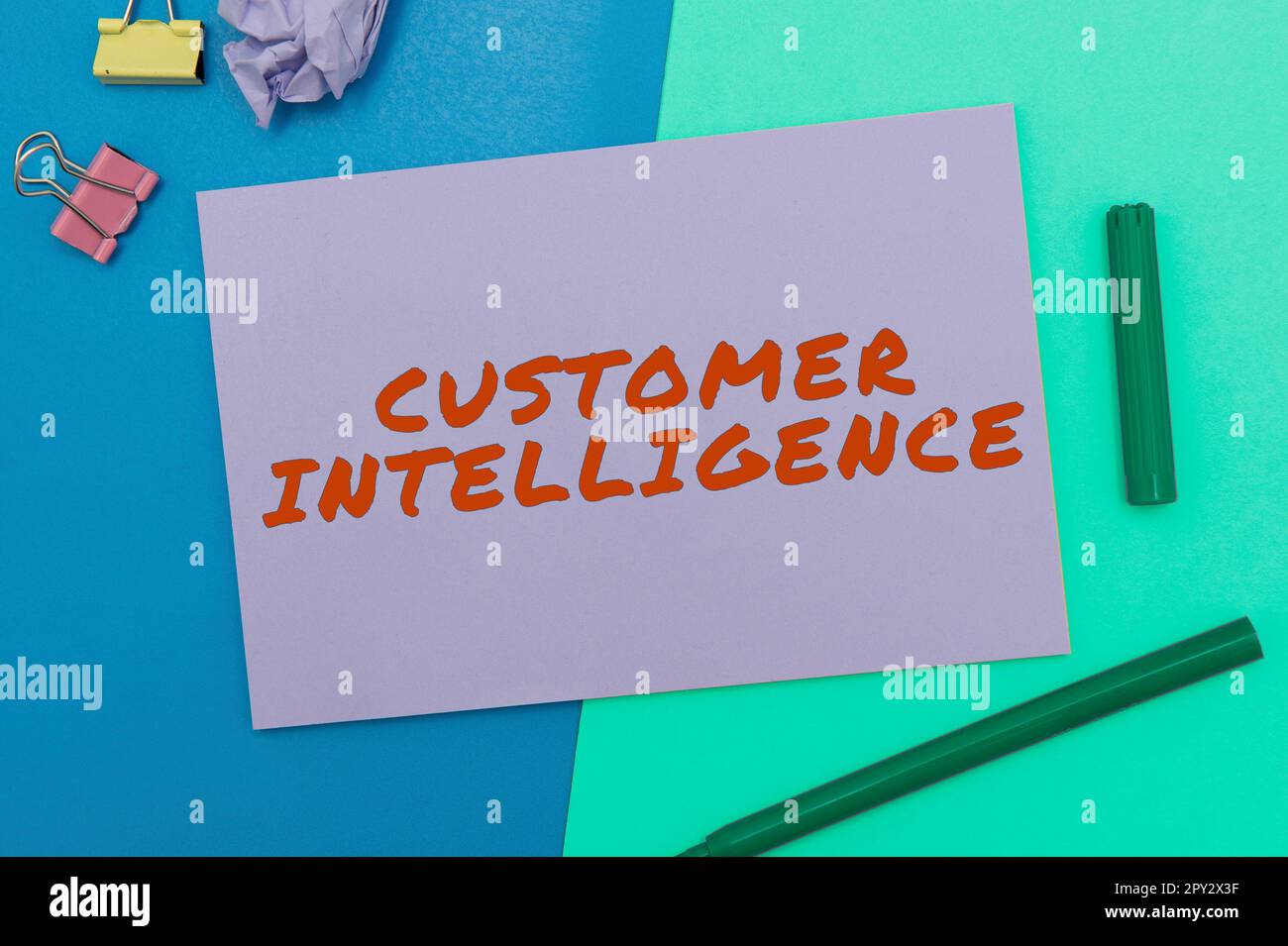 Didascalia di testo che presenta Customer Intelligence, Word scritto sull'orientamento di un'organizzazione nel soddisfare le esigenze dei suoi clienti Foto Stock