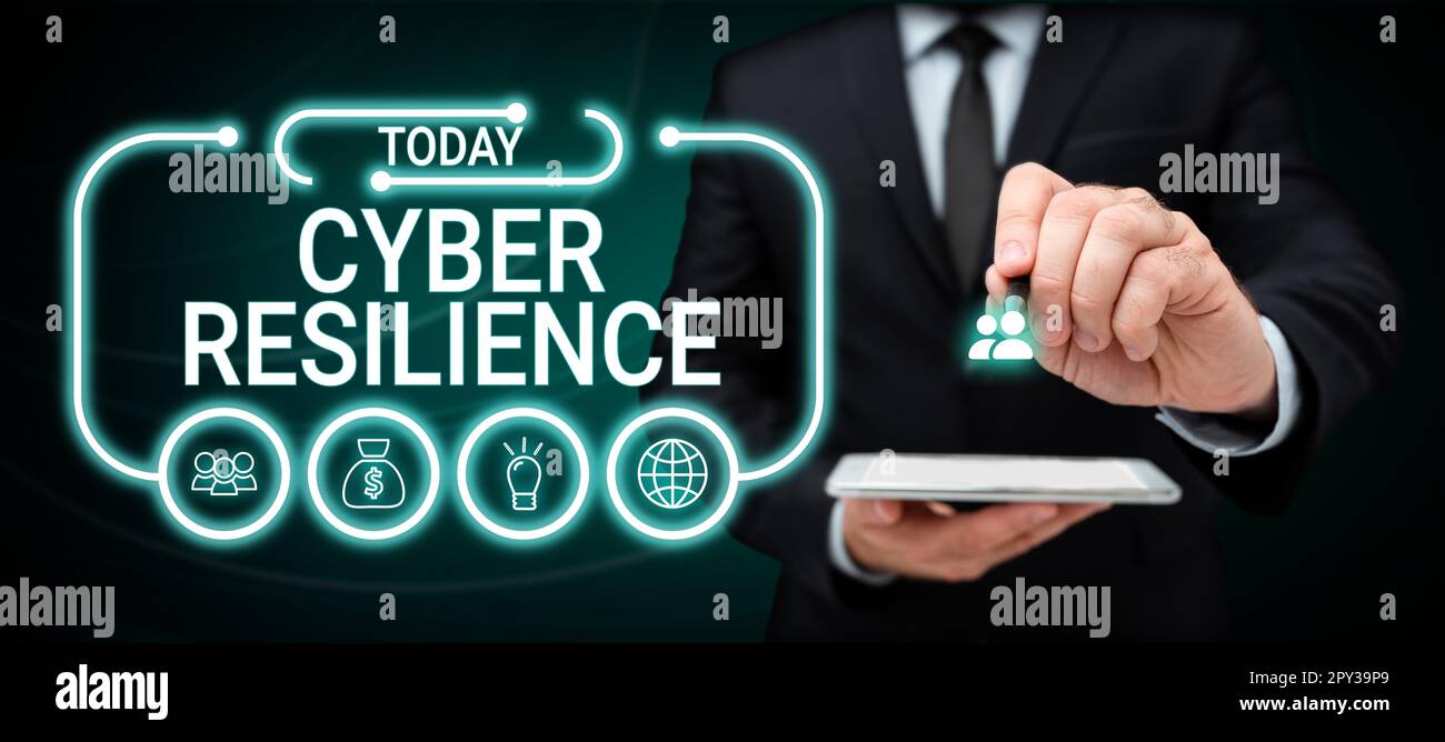 Testo scritto a mano Cyber Resilience, Business Approach misura la capacità di un'azienda di gestire un attacco informatico Foto Stock