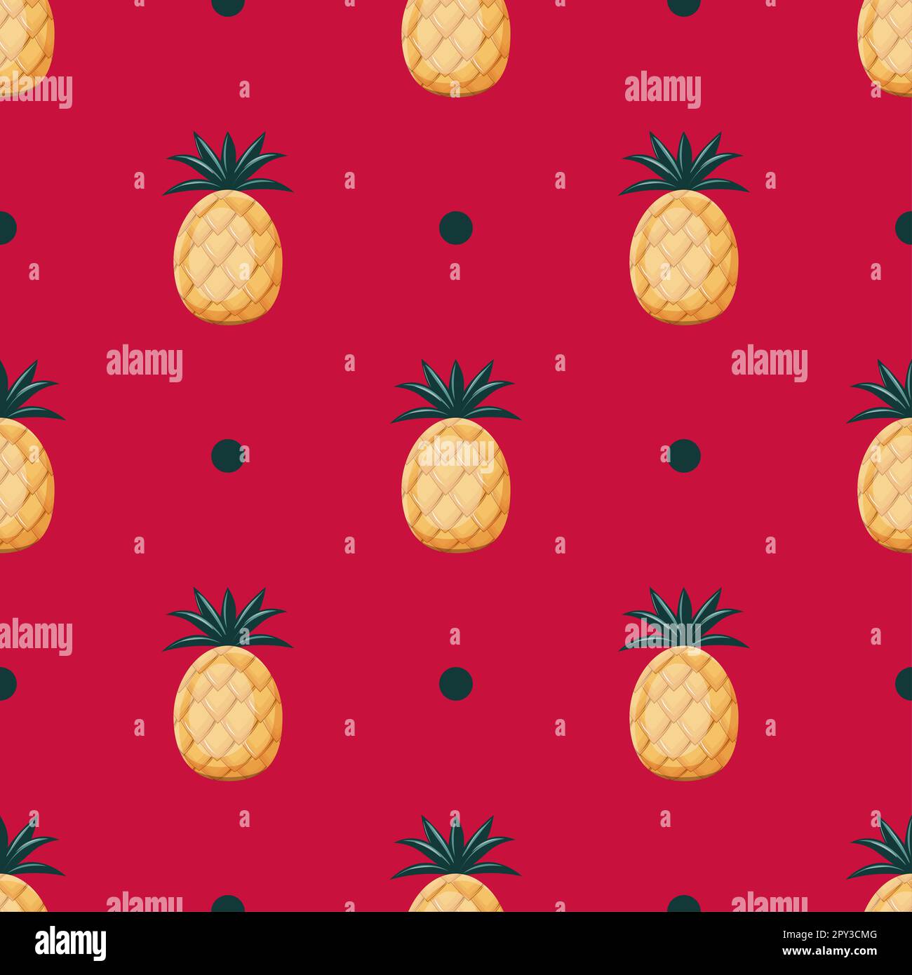 motivo senza cuciture a ananas. ananas maturi su sfondo cremisi. Ornamento senza fine del vettore. Frutti esotici. Colore magenta 2023. Art Nouveau. Foto Stock