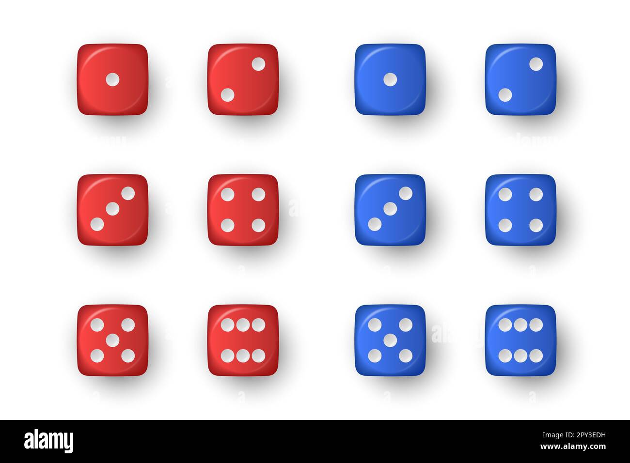 Vector 3D realistico gioco rosso e blu icona di dadi Set closeup isolato su sfondo bianco. Cubi di gioco per il gioco d'azzardo, dadi di casinò da uno a sei punti, Foto Stock Vector 3D realistico gioco rosso e blu icona di dadi Set closeup isolato su sfondo bianco. Cubi di gioco per il gioco d'azzardo, dadi di casinò da uno a sei punti, Foto Stock
