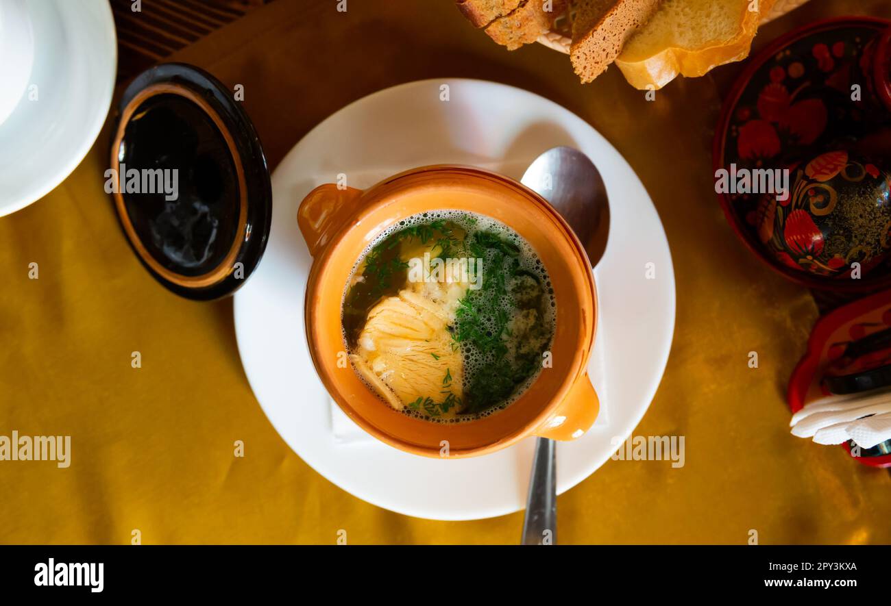 Appetitosa zuppa di orecchie con erbe in pentola di argilla Foto Stock