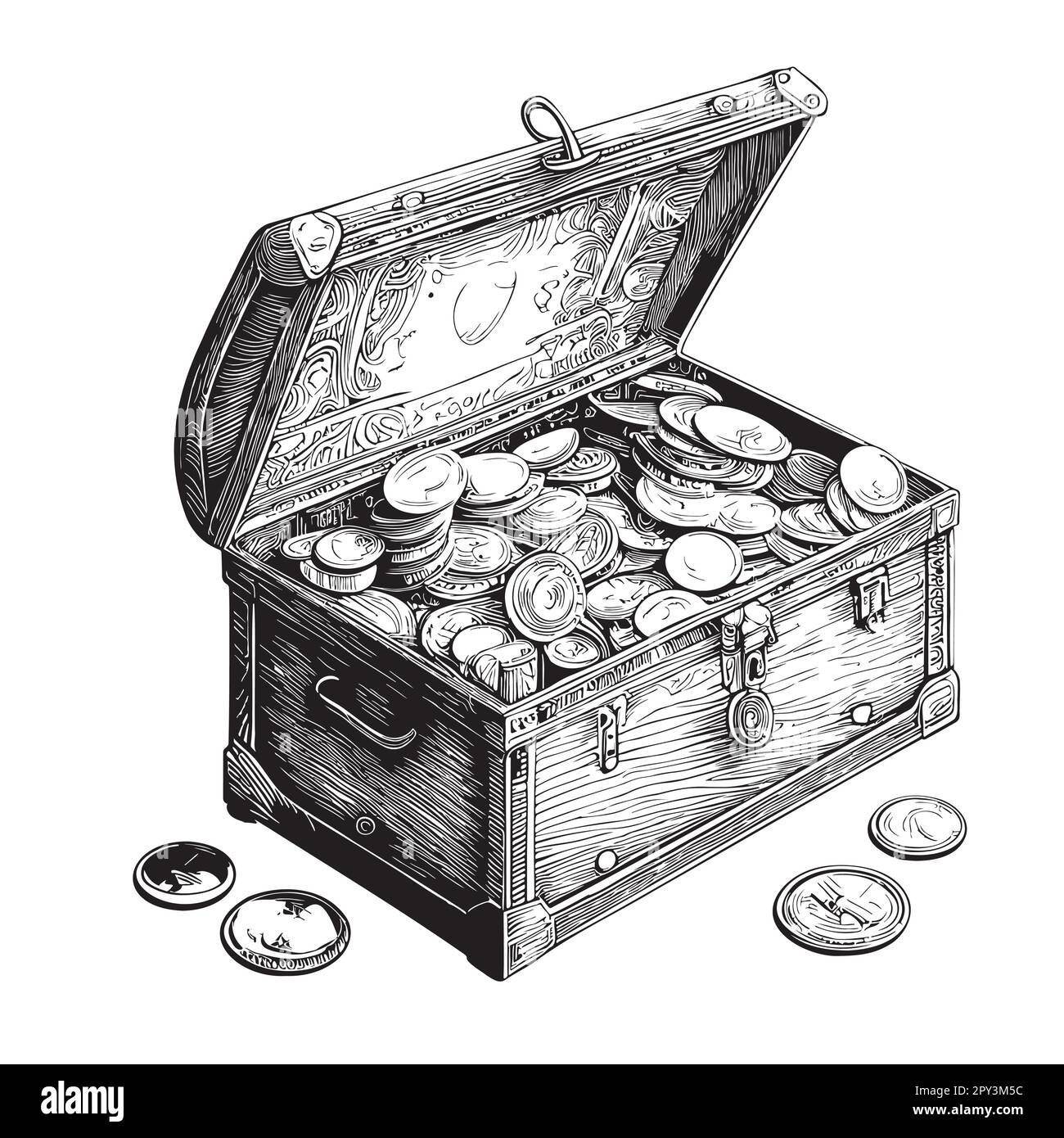 Petto con monete disegno disegnato a mano in figura stile doodle Illustrazione Vettoriale
