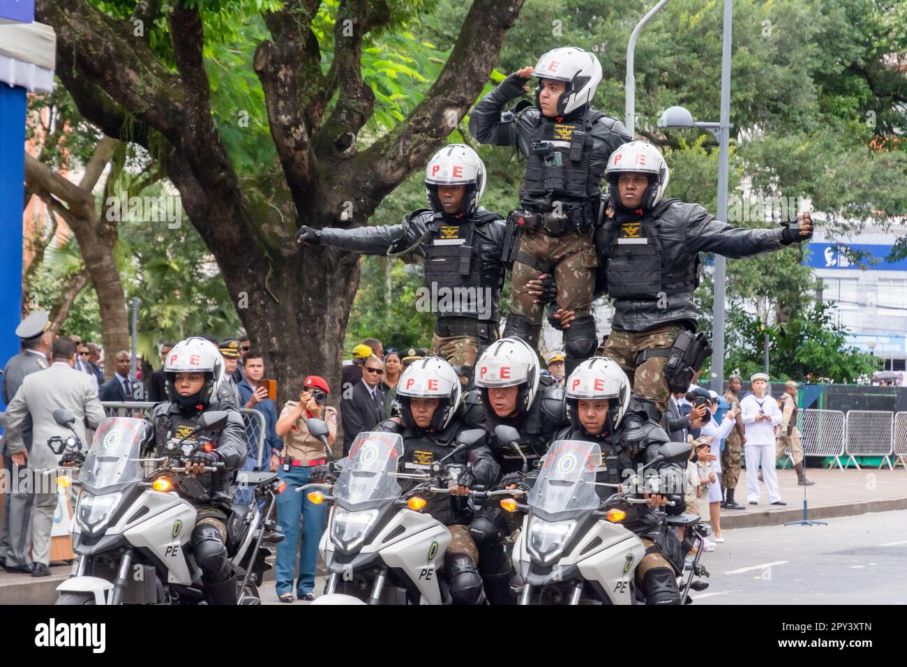 Salvador, Bahia, Brasile - 07 settembre 2022: Bahia Polices militari Eagle Moto Platoon sono visti alla parata brasiliana di Independence Day a SAL Foto Stock