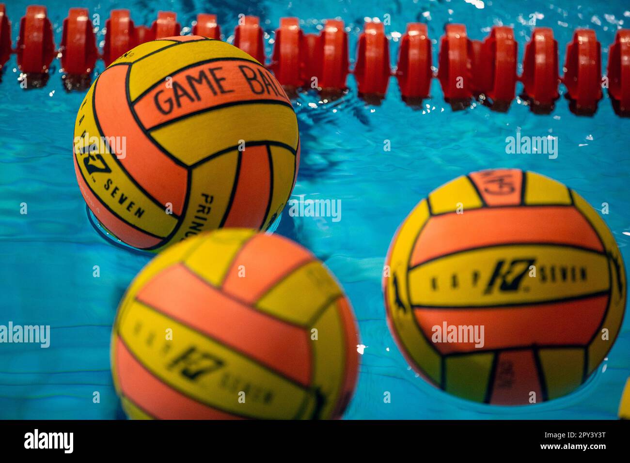 Palline di polo d'acqua in una piscina prima di una partita Foto Stock