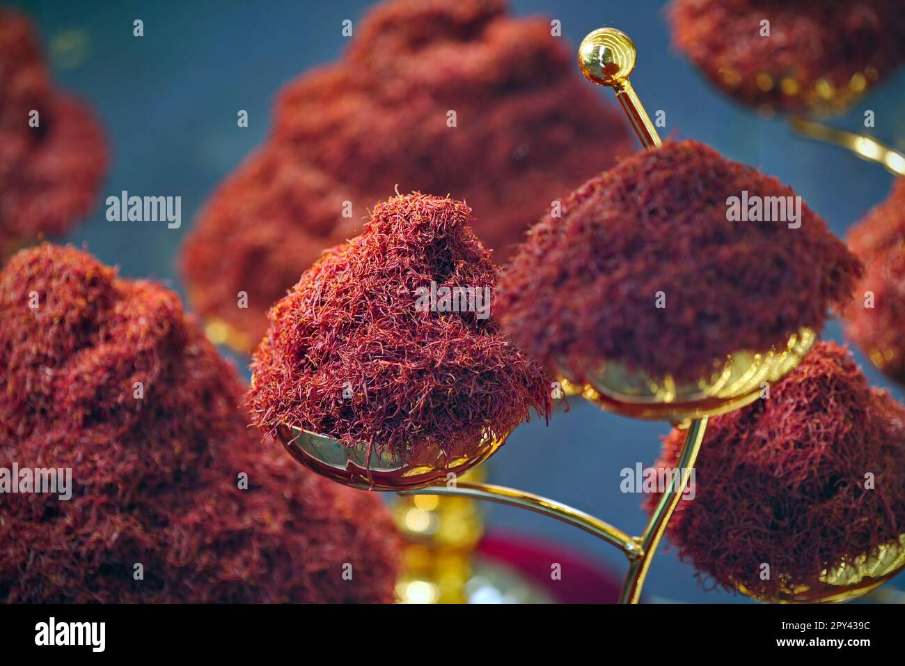 Crudo biologico Spice di zafferano rosso in una ciotola. Gusto lussuoso e spezie costose idea concettuale con primo piano su sciolto zafferano spezia. Foto Stock