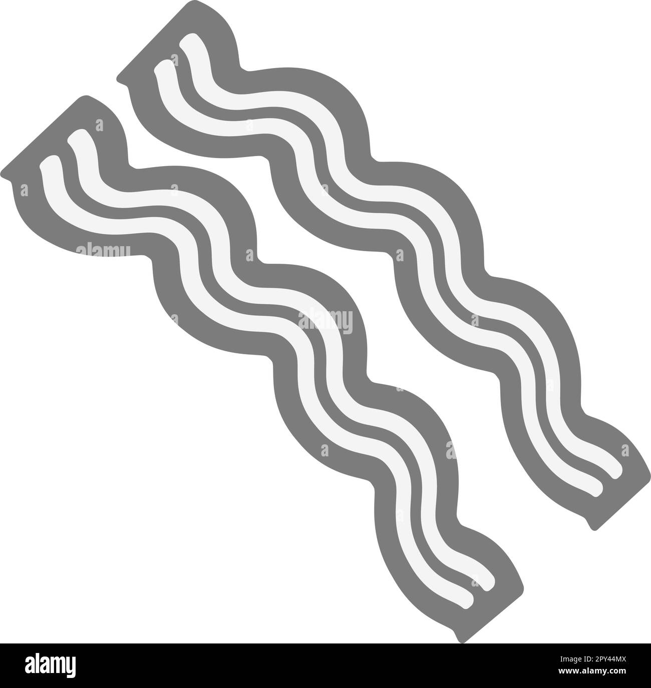 Strisce di pancetta fritte in scala di grigi. Colazione veloce. Giornata internazionale del Bacon. Cibo malsano. Isolare. Adesivo. Icona. Design per poster, banner, brochure o menu bar, ristorante, caffè. Vettore. EPS Illustrazione Vettoriale