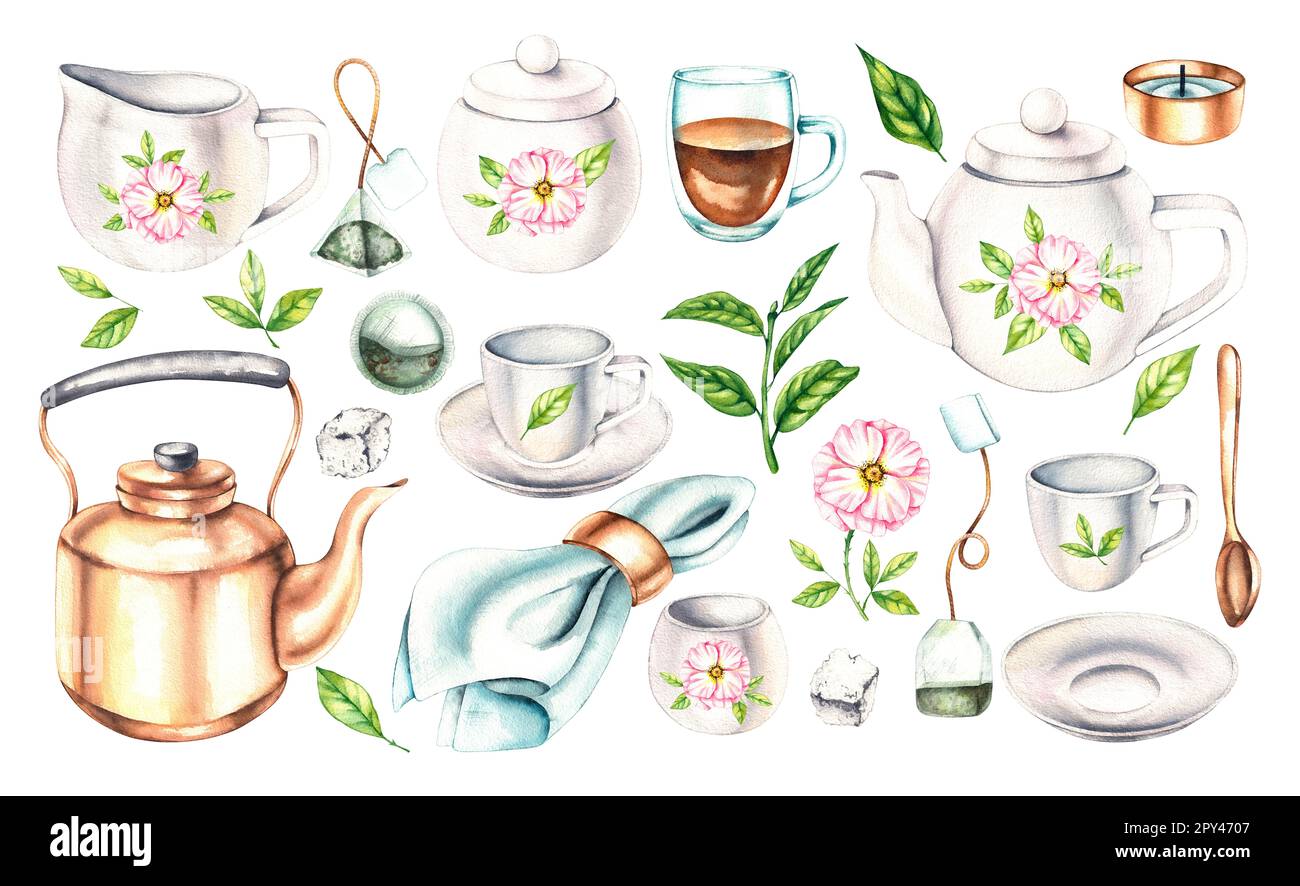 Acquerello Set di tisane con fiori, piante da tè e accessori su sfondo bianco per cartoline di design, menu, ristorante, packaging Foto Stock
