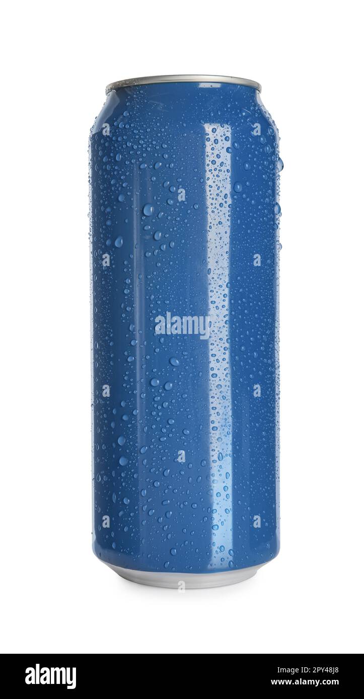 Lattina in alluminio blu con gocce d'acqua isolate sul bianco. Modello per  il design Foto stock - Alamy