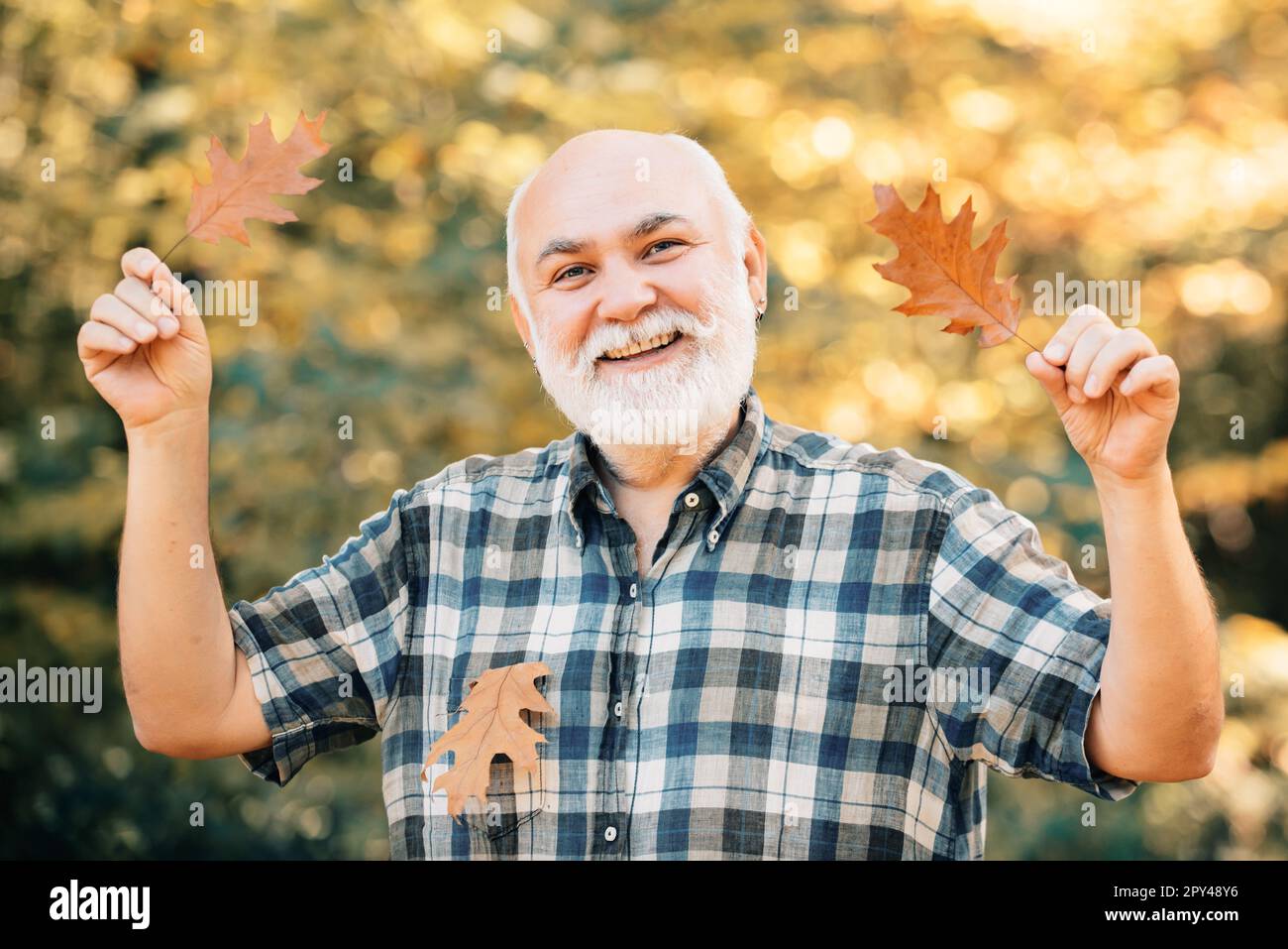 Uomo anziano felice. Ritratto dell'uomo anziano nel parco autunnale. Uomo anziano passeggiando in un parco in autunno. Foto Stock