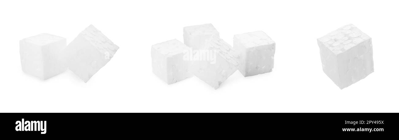 Set con cubetti di polistirolo su sfondo bianco. Design del banner Foto Stock