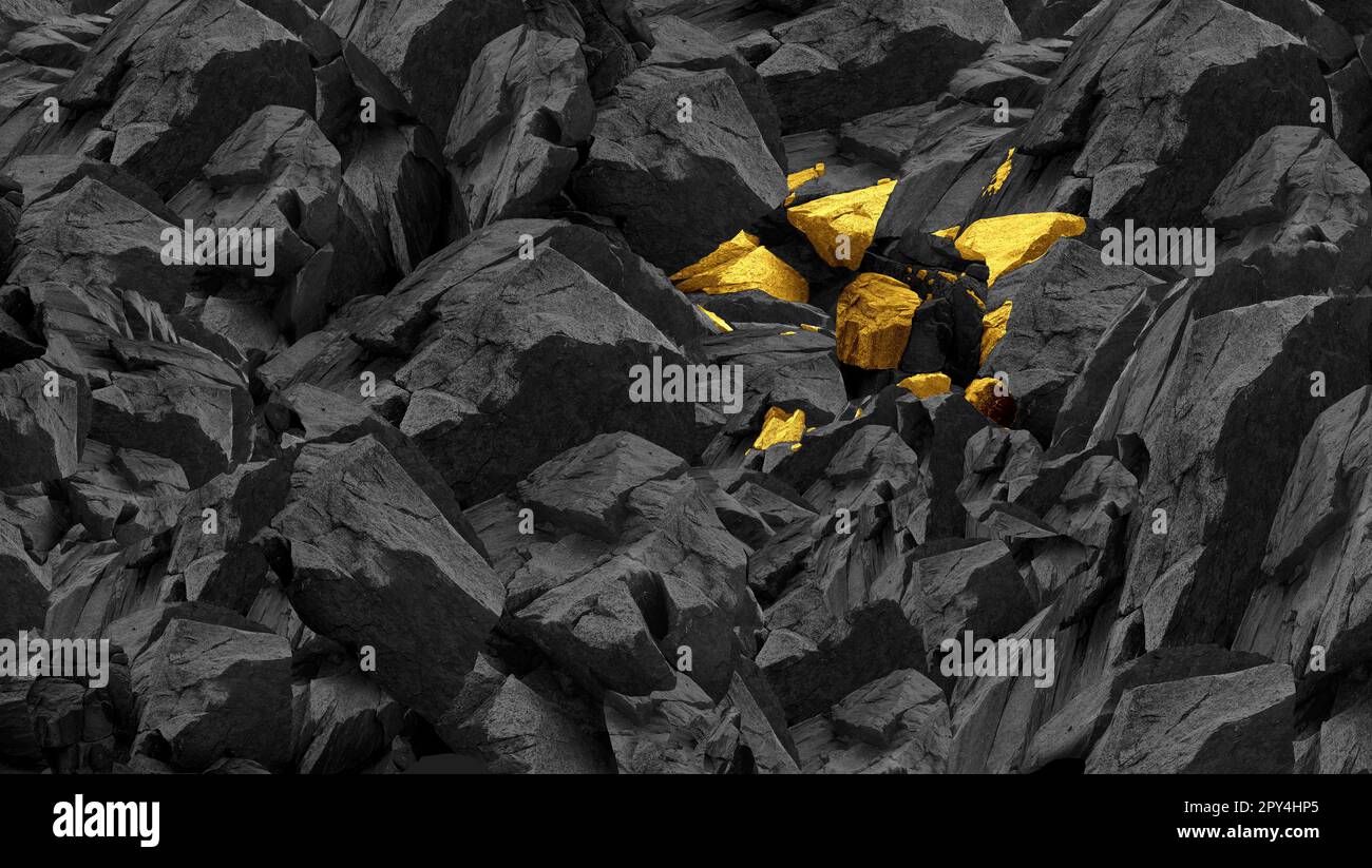 Scoperta del valore quando investe come scoperta di risorse preziose d'oro in un luogo inatteso come miniera di carbone per una metafora di affari Foto Stock