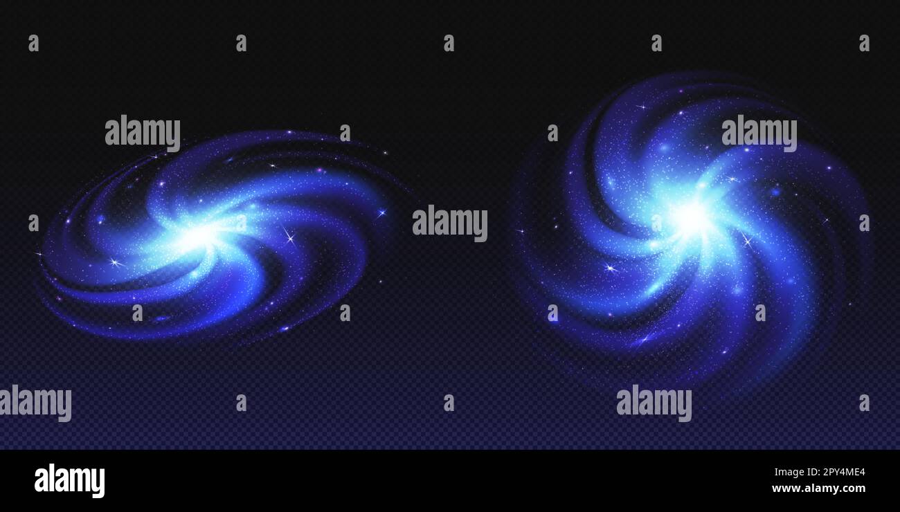 Nebulosa blu, galassia a spirale con pianeti e stelle incandescenti. Sistema andromeda con foro bianco e via lattiginosa, cosmo profondo con polvere interstellare, vettore astratto realistico su trasparente Illustrazione Vettoriale