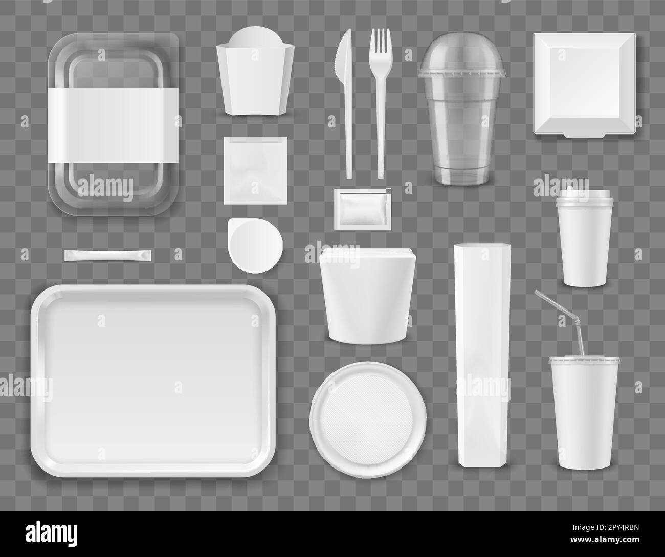 Confezione di fast food e bevande modelli vettoriali, contenitore scatola, sacchetto e tazza. Fast food takeaway cartone, confezione realistiche mockup di monouso Illustrazione Vettoriale