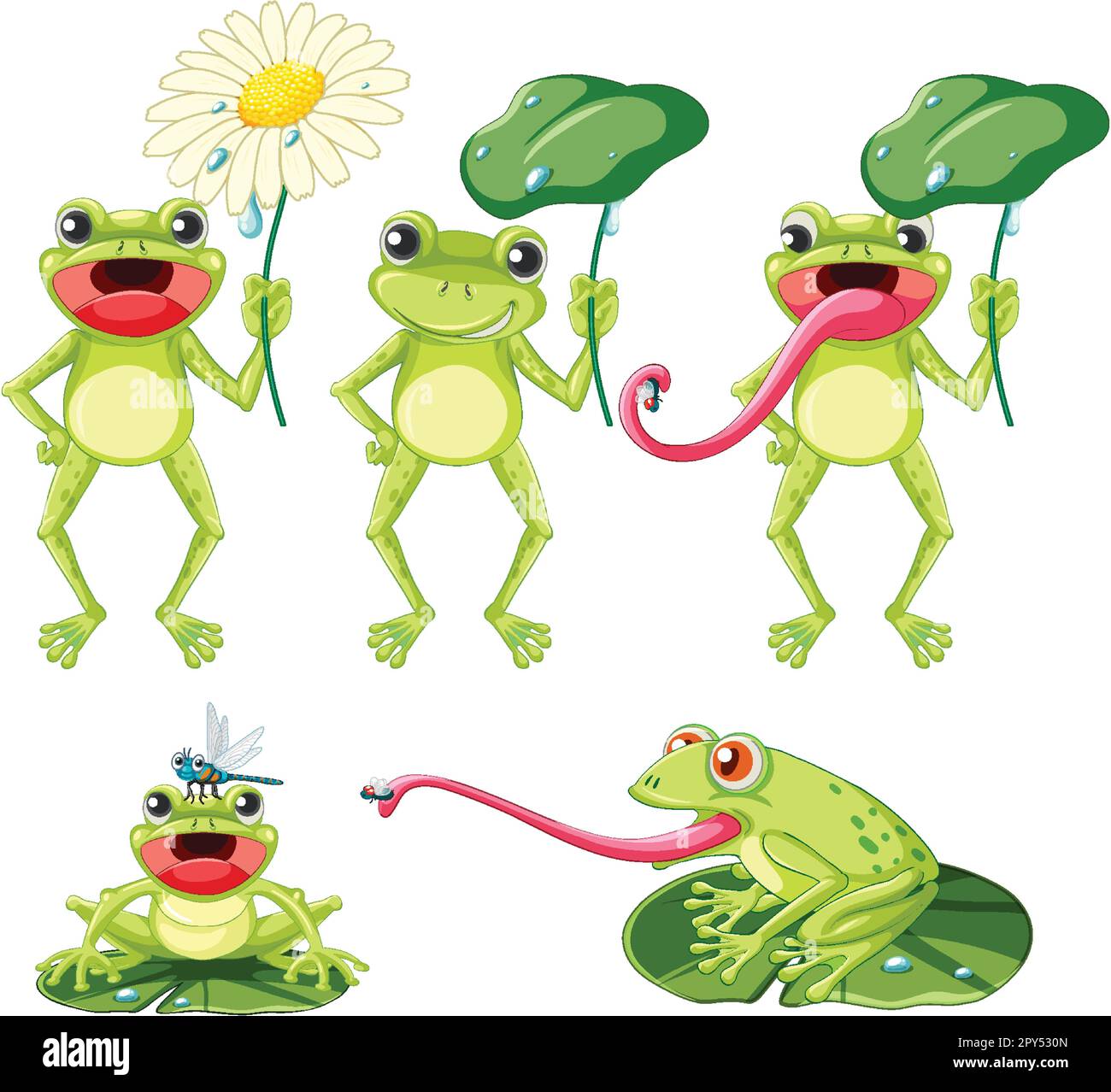Set di illustrazioni del carattere del cartoon verde della rana Illustrazione Vettoriale