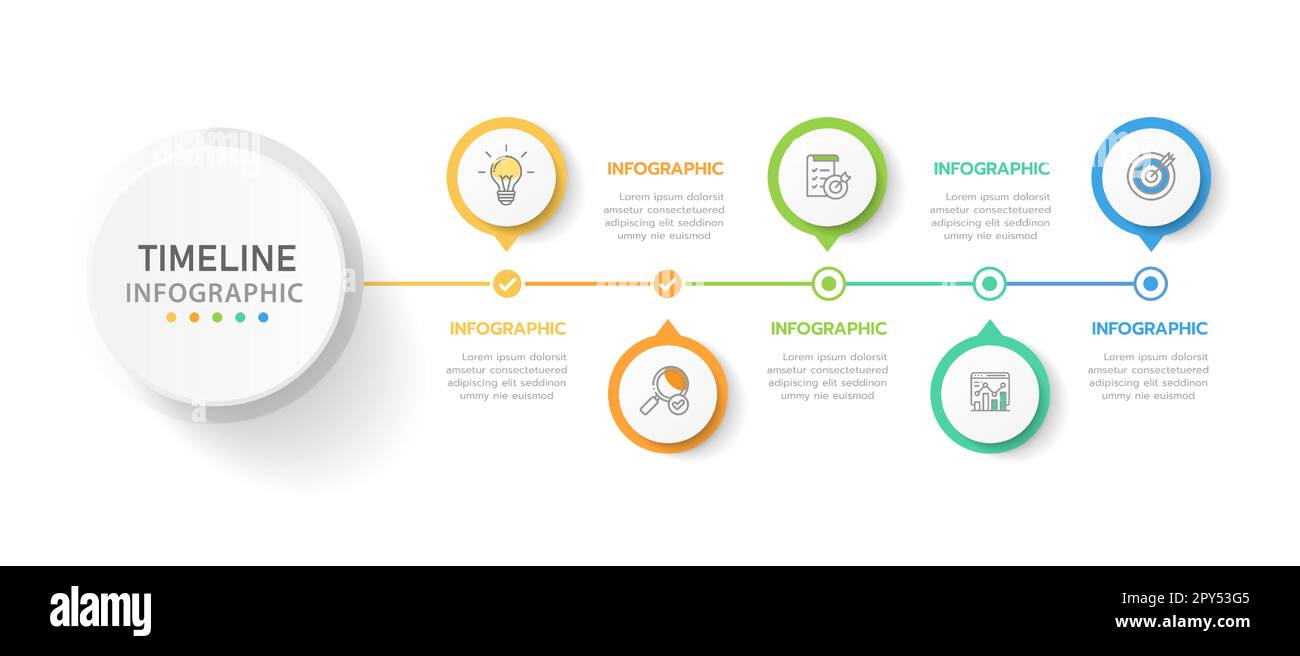 Modello infografico per le aziende. 5 fasi del diagramma della linea temporale moderna con grafico a tema circolare, infografica vettoriale di presentazione. Illustrazione Vettoriale