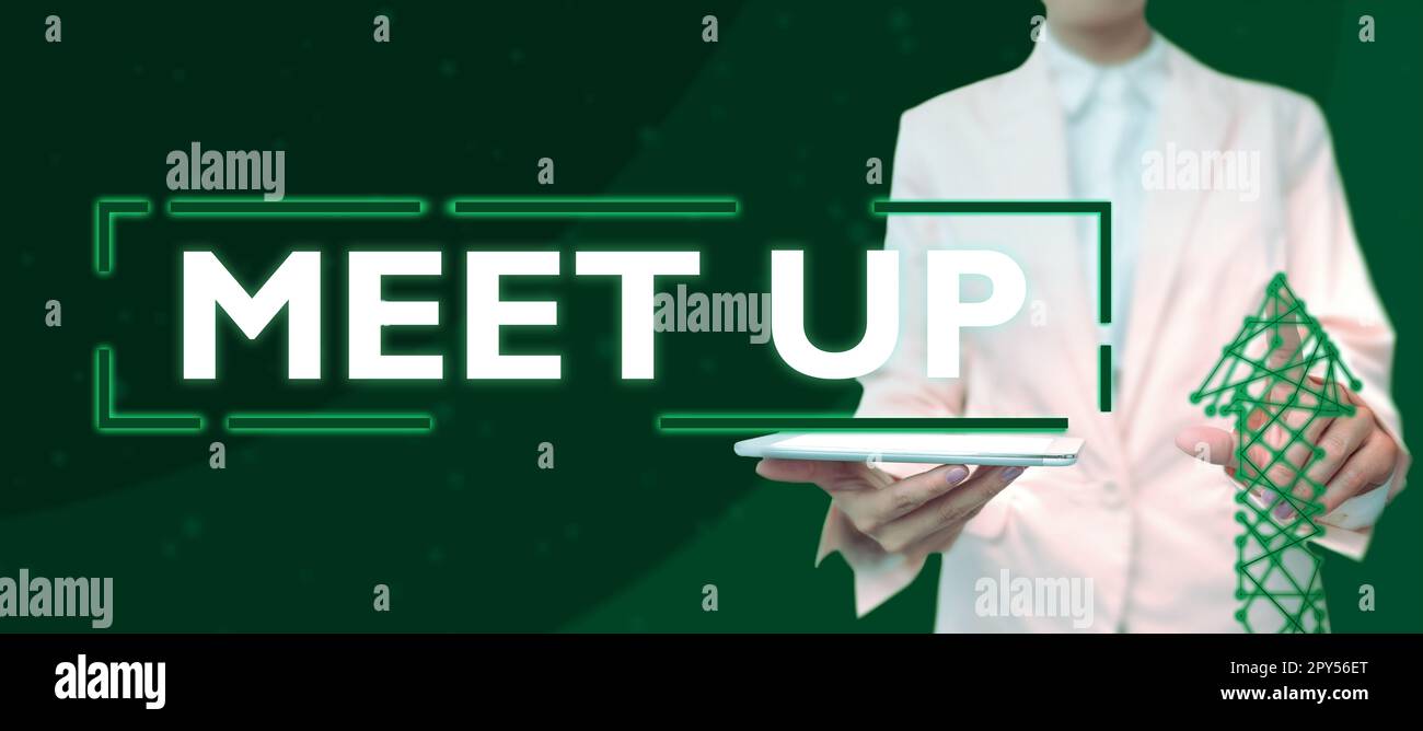 Ispirazione mostrando Iscriviti Meet Up. Internet Concept riunione informale riunione di lavoro di squadra collaborazione di gruppo di discussione Foto Stock