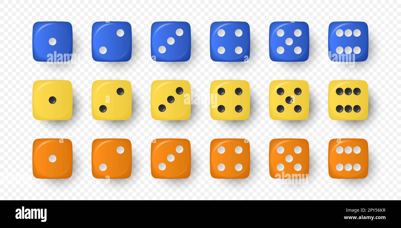 Vector 3D realistico gioco icona di dadi blu, giallo e arancione closeup isolato su sfondo bianco. Cubi di gioco per il gioco d'azzardo, dadi di casinò da uno a. Foto Stock Vector 3D realistico gioco icona di dadi blu, giallo e arancione closeup isolato su sfondo bianco. Cubi di gioco per il gioco d'azzardo, dadi di casinò da uno a. Foto Stock