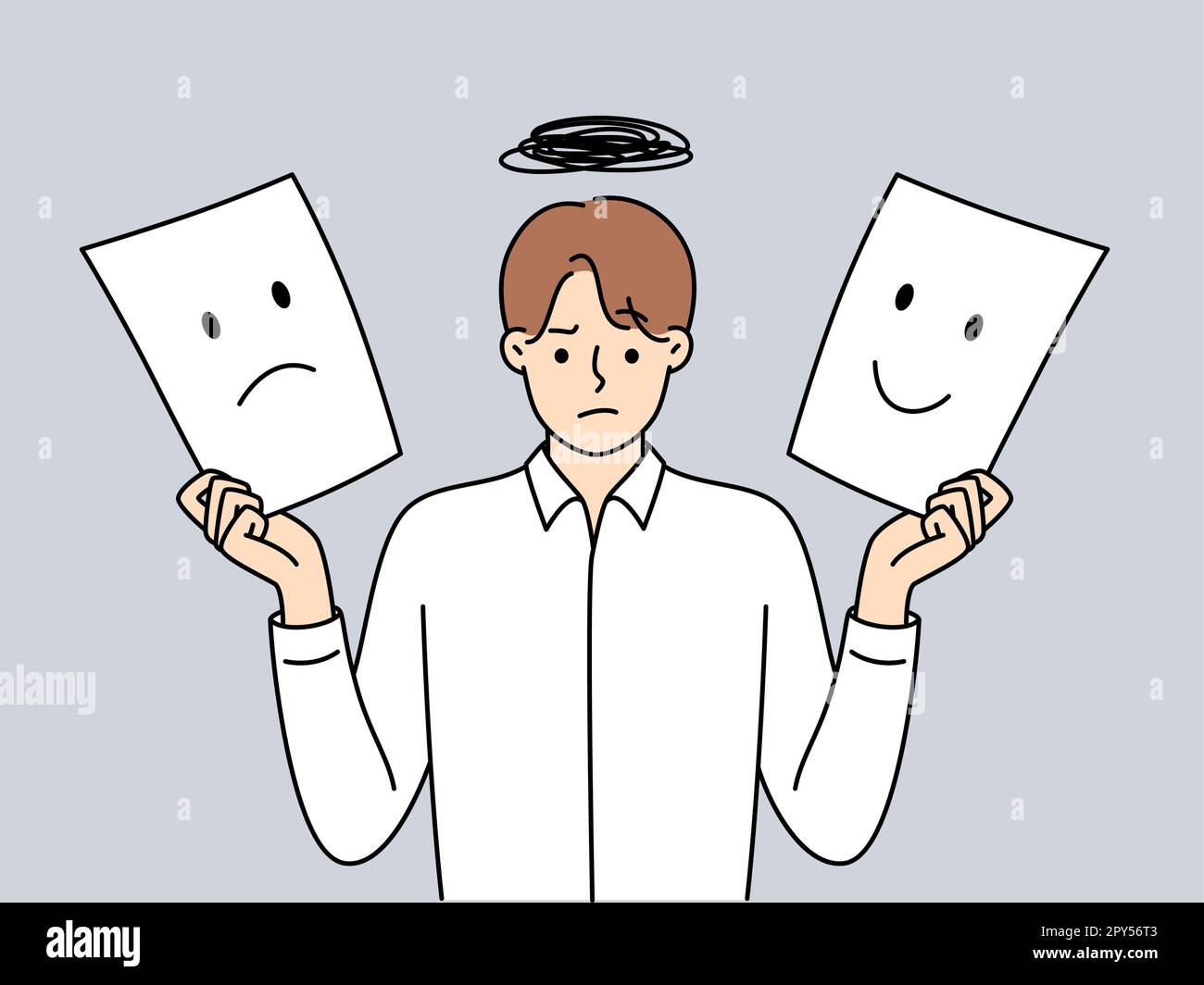 L'uomo tiene due fogli di carta con emozioni differenti che simboleggiano le oscillazioni di umore dovuto il sovraccarico di lavoro. Il ragazzo in camicia mostra l'immagine di umore felice e triste sopra Foto Stock