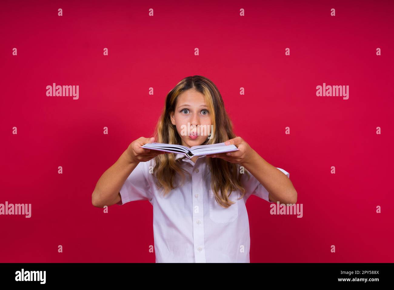 Bambino prendere appunti. Kids Dreams.isolated su sfondo rosso. Istruzione, Kid di nuovo a scuola. Foto Stock