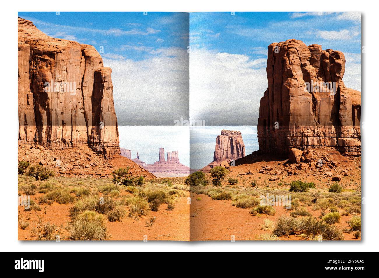 Foto creativa della Monument Valley negli Stati Uniti - paesaggio panoramico rosso con cielo blu. Foto Stock