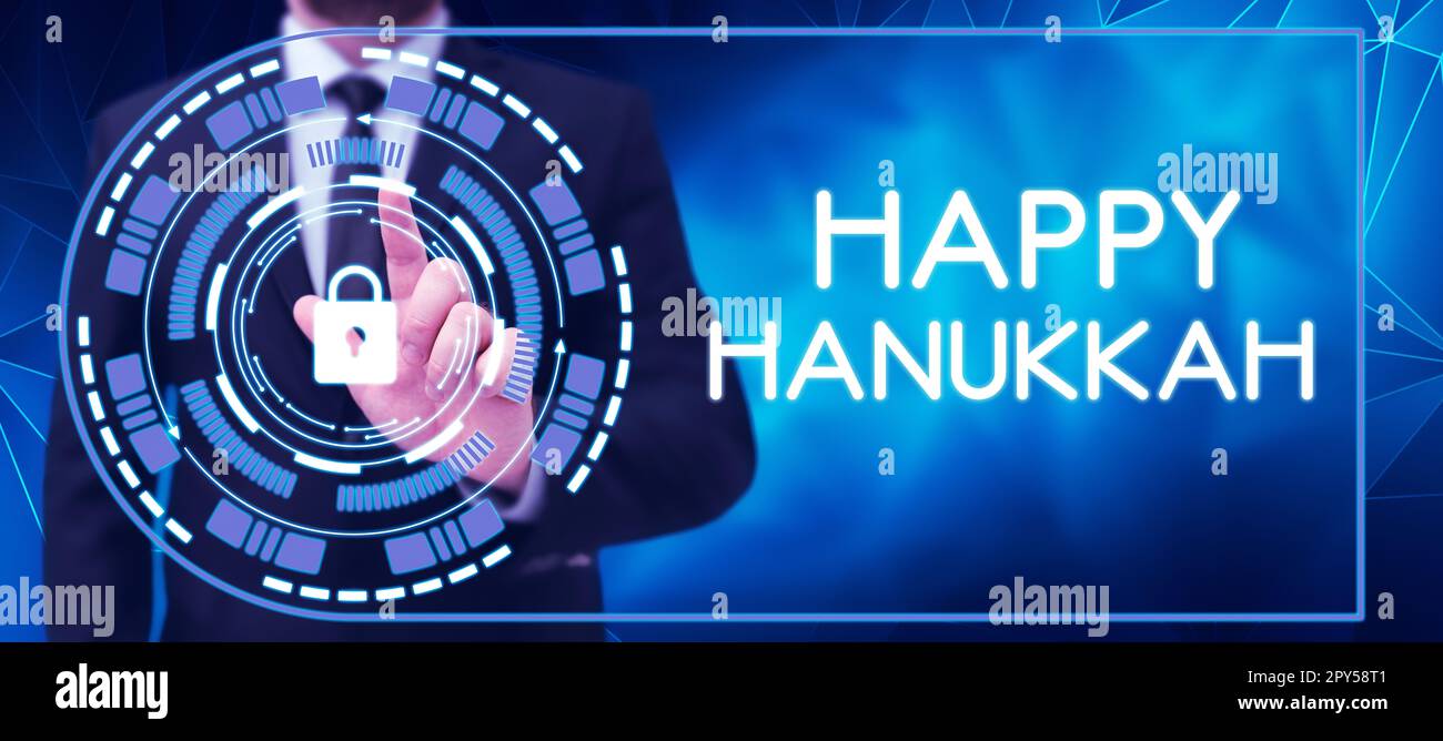 Segno di testo che mostra Happy Hanukkah. Business idea Festival ebraico celebrato dal 25th di Kislev al 2nd di Tevet Foto Stock