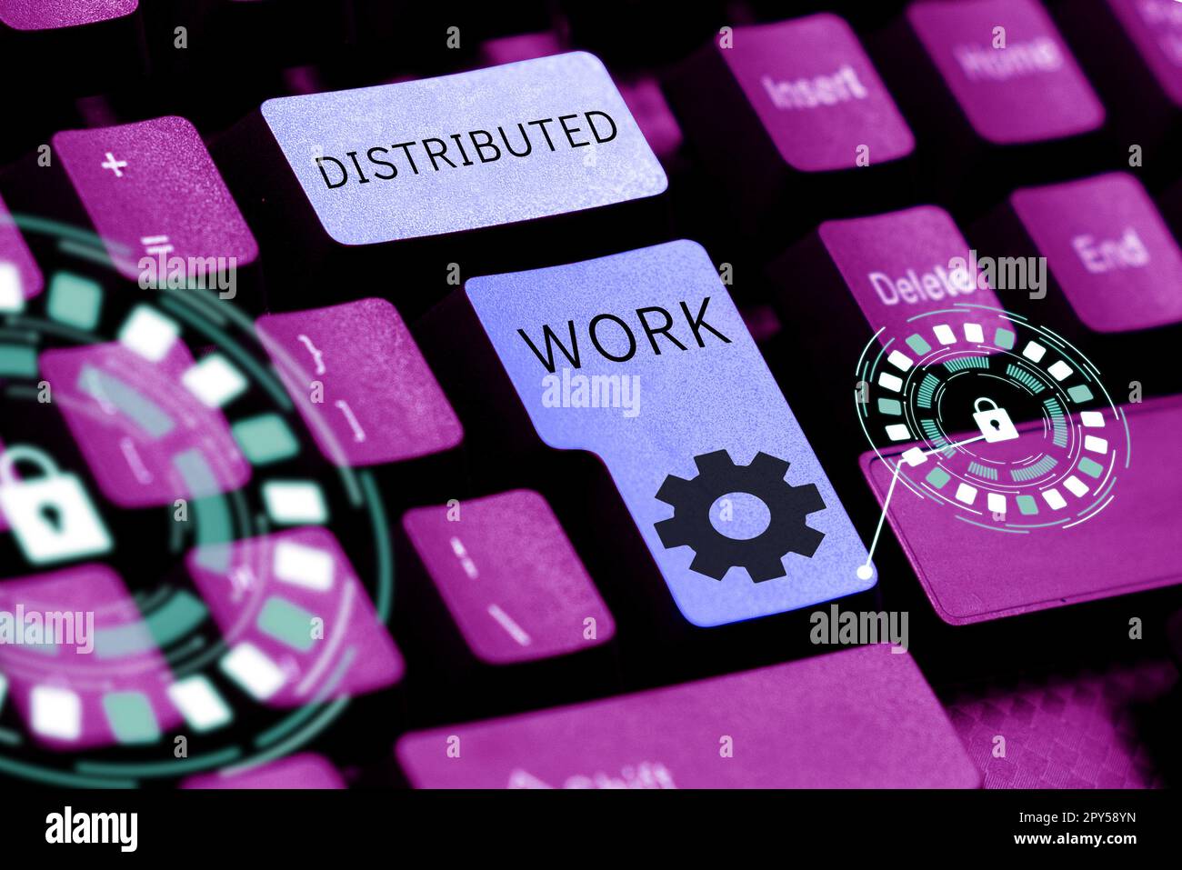Scrittura a mano testo distribuito lavoro. Parola per praticato dalle imprese che utilizzano le strutture di rete Foto Stock