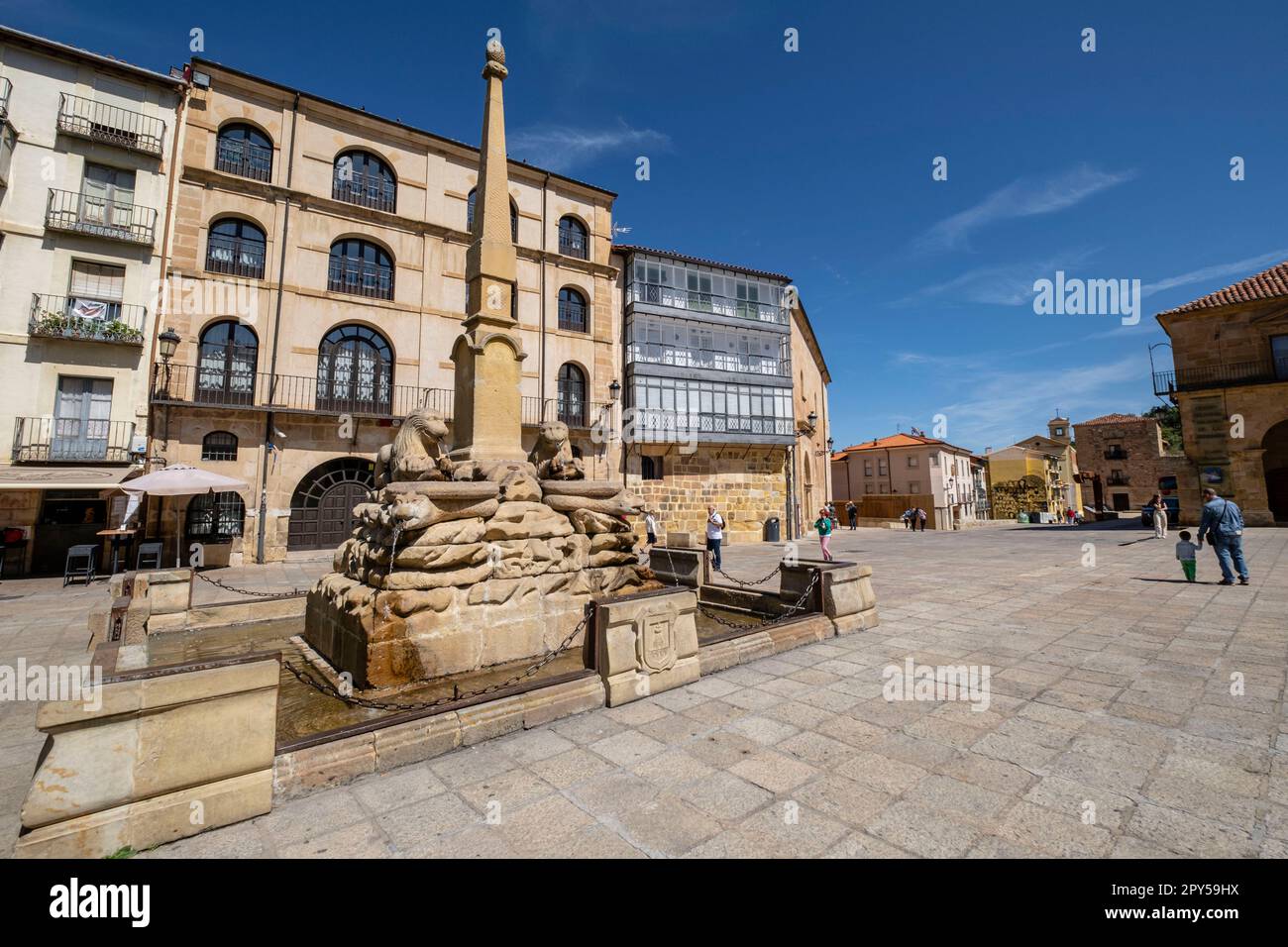Fuente de los Leones, Fuente ornamentale del siglo XVIII, plaza Mayor, Soria, Comunidad Autónoma de Castilla, Spagna, Europa Foto Stock