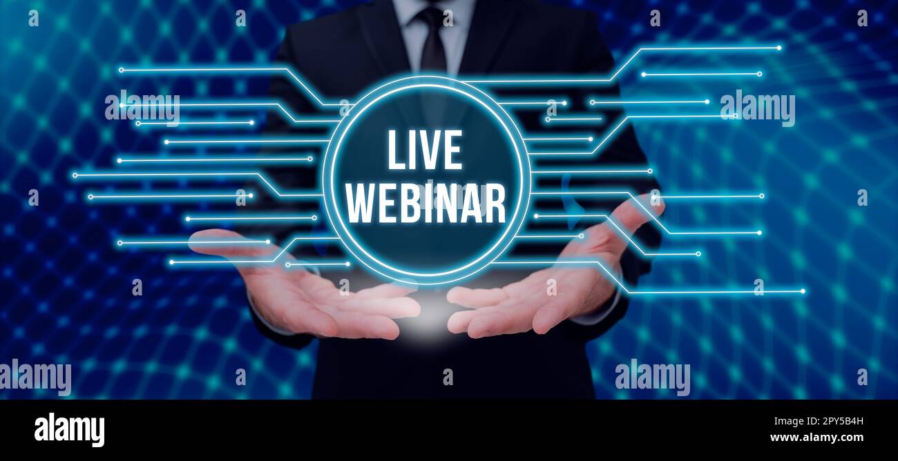 Webinar dal vivo con didascalia concettuale. Foto concettuale Seminario interattivo trasmesso sul web in tempo reale Foto Stock