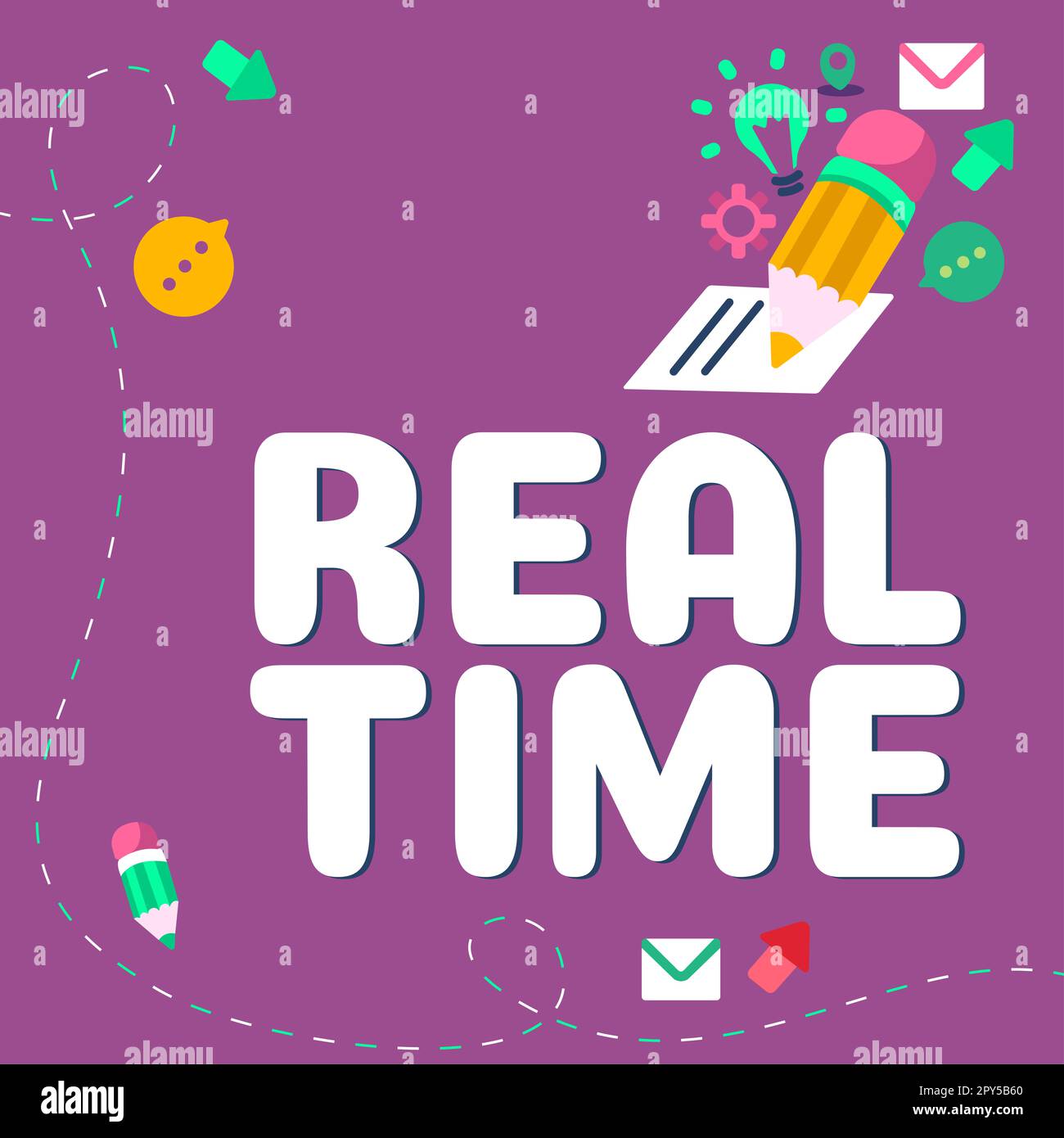 Didascalia di testo in tempo reale. Foto concettuale il tempo effettivo durante il quale si verifica un processo o un evento Foto Stock