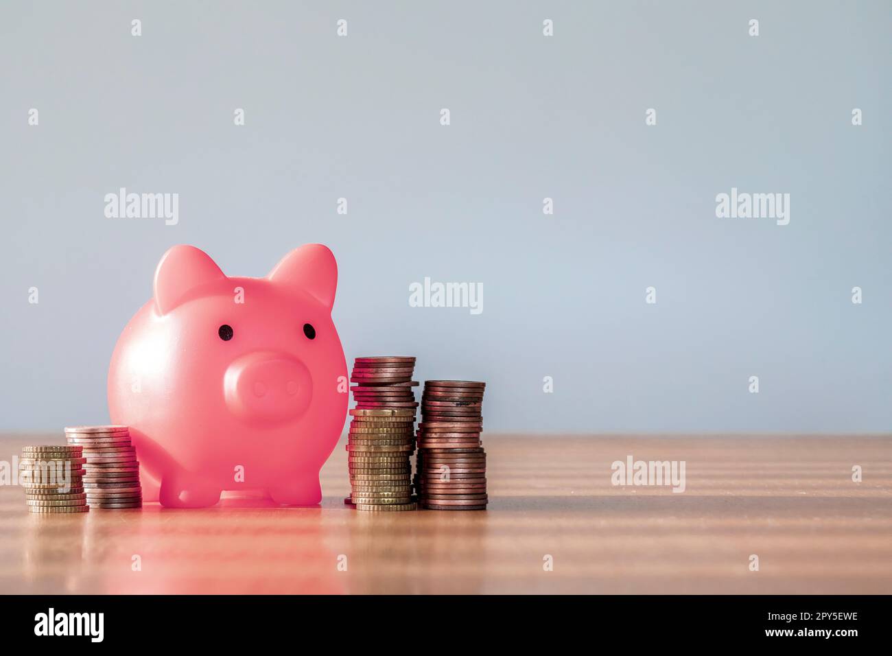 Maialino di colore rosa con accumulo di denaro per aumentare la crescita, risparmiare denaro, concepire investimenti finanziari aziendali. Spazio di copia per il testo con sfondo grigio Foto Stock