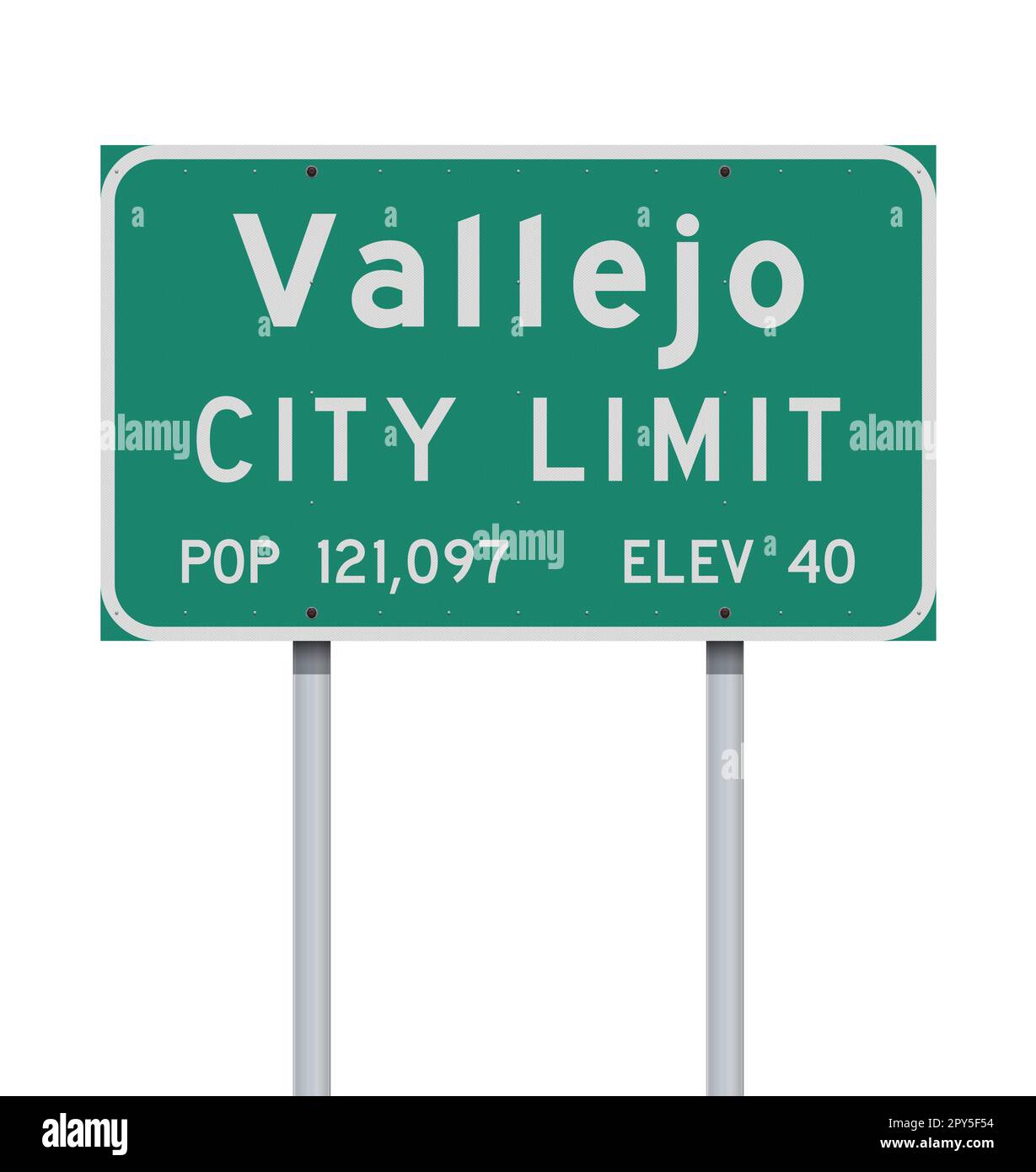 Illustrazione vettoriale del cartello stradale verde limite città di Vallejo (California) su pali metallici Illustrazione Vettoriale