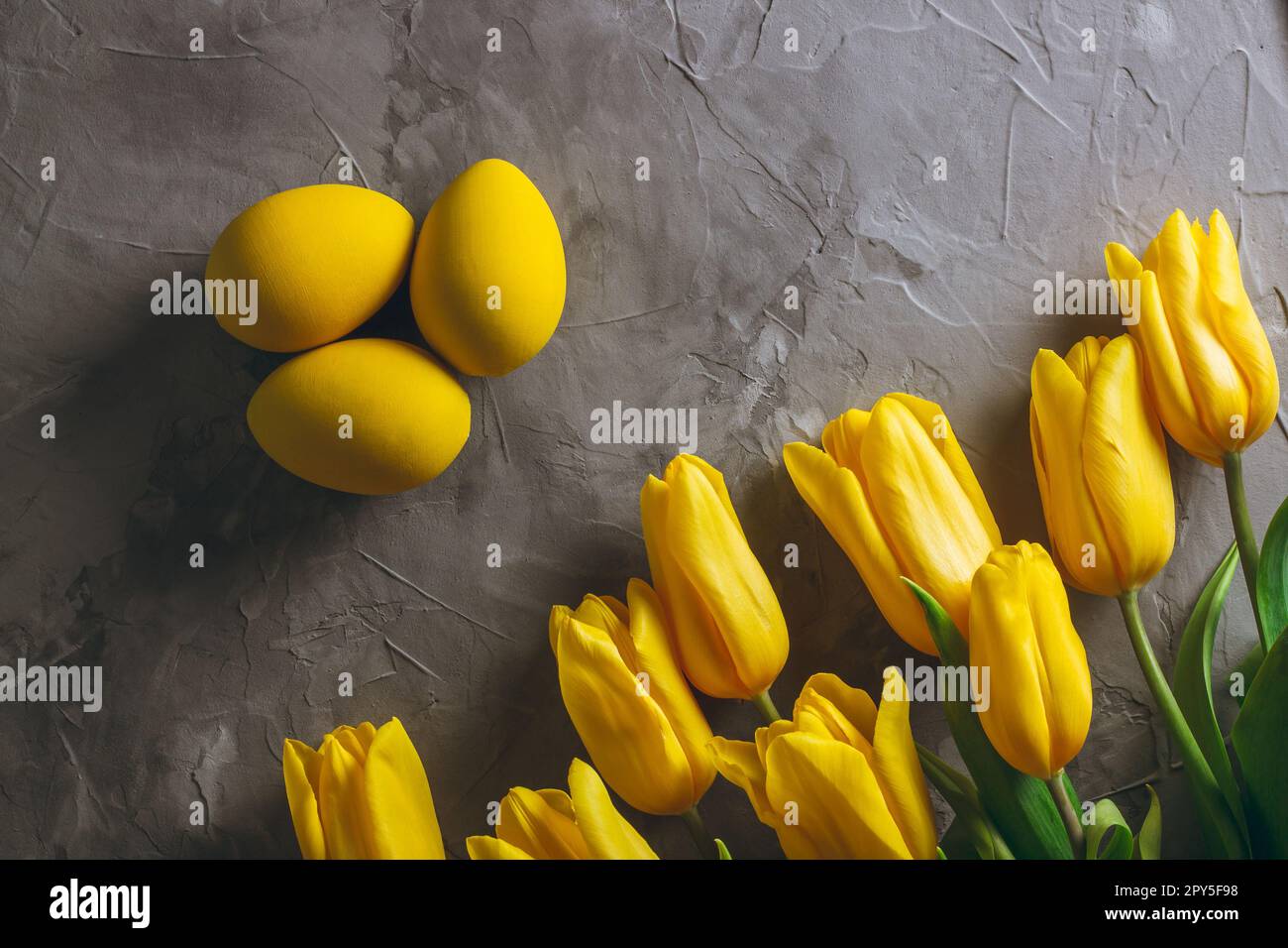 Uova di Pasqua e bouquet di tulipani gialli luminosi su superficie grigia in cemento. Spianatura piatta. Vista dall'alto Foto Stock