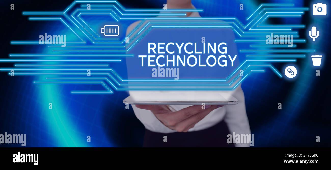 Didascalia di testo che presenta la tecnologia di riciclaggio. Approccio aziendale i metodi per ridurre i materiali di scarto solidi Foto Stock