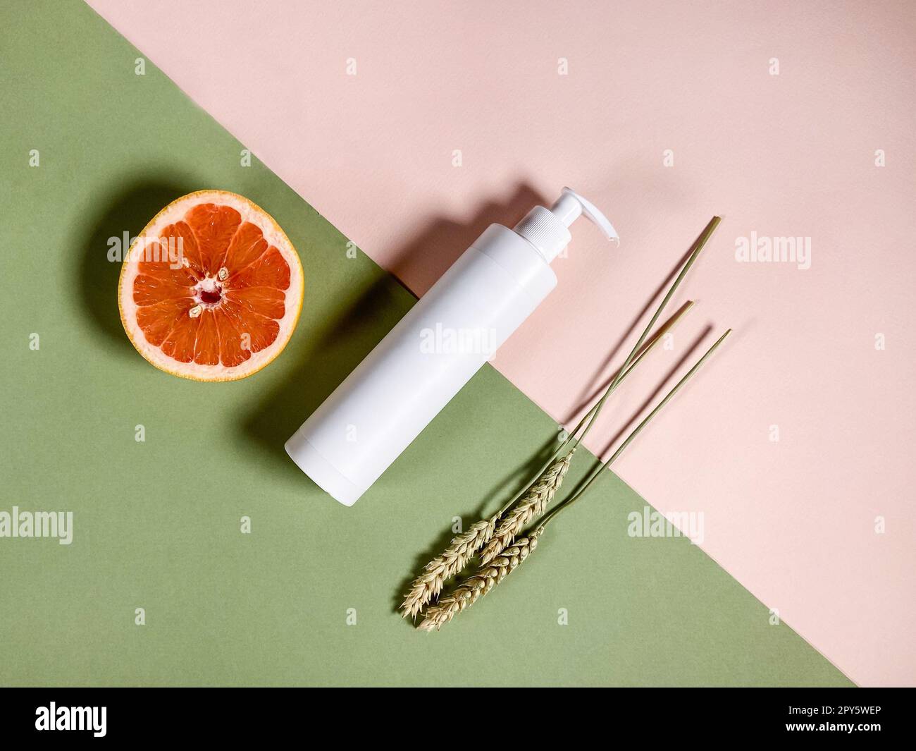 vista dall'alto della bottiglia di plastica, metà del pompelmo Foto Stock